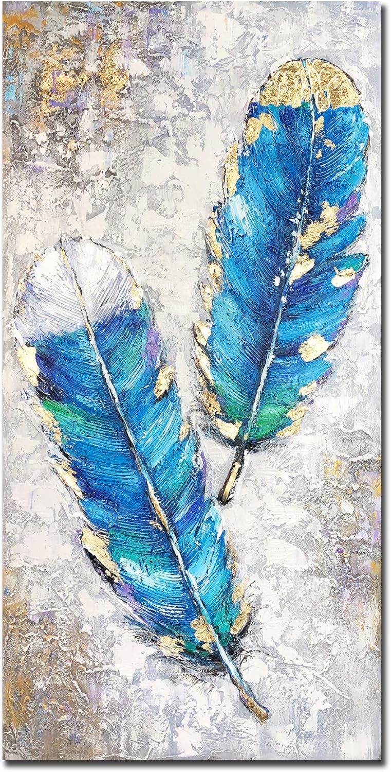 Yotree Paintings,24x48 Inch Blue Feather Oil Hand Painting 3D Hand-Painted On Canvas Abstract Artwork Art Wall Decoration Abstract Painting for livingroom
