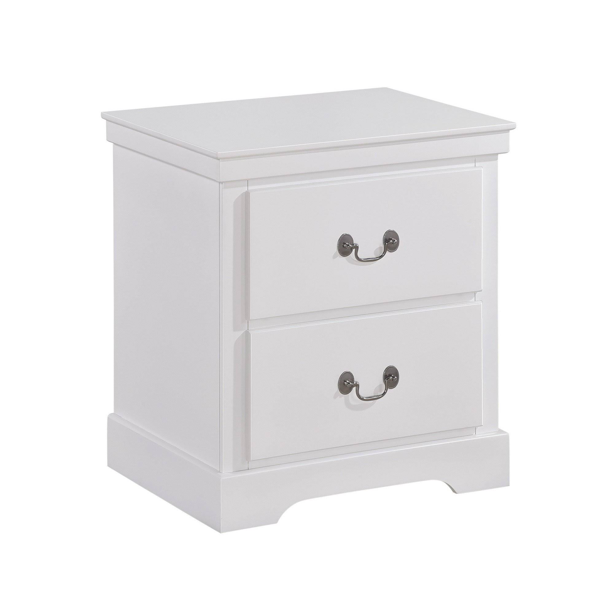Benjara Bm219057 2 Drawer Wooden Nightstand with Metal Drop Handles and Bracket Feet, White