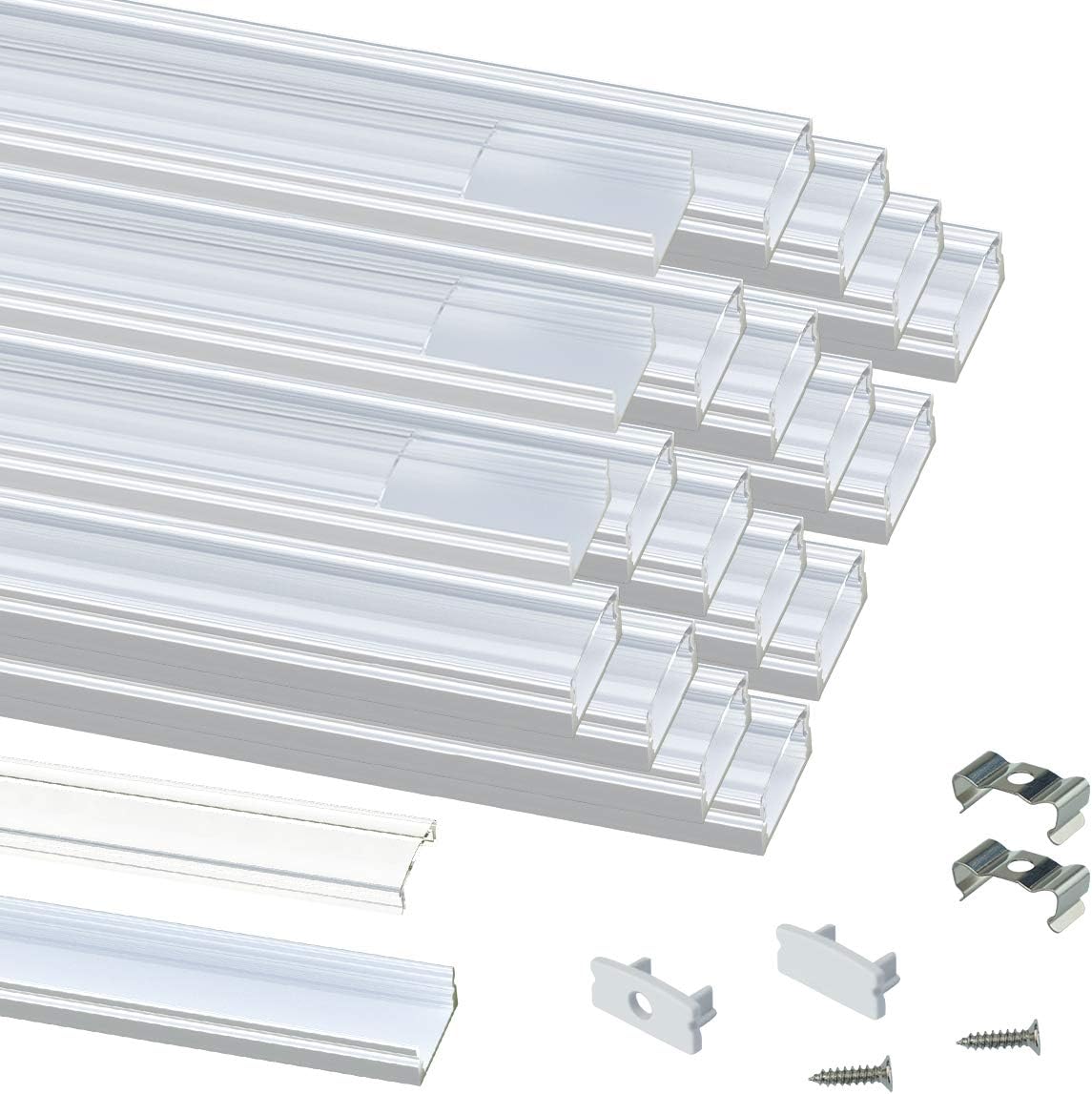 Muzata 20Pack 3.3FT/1M LED Channel System with Crystal Transparent Clear Cover Lens,Aluminum Extrusion Track Housing Profile for Strip Tape Light, U Shape with U1SW 1M WT,Series LU1 LH1