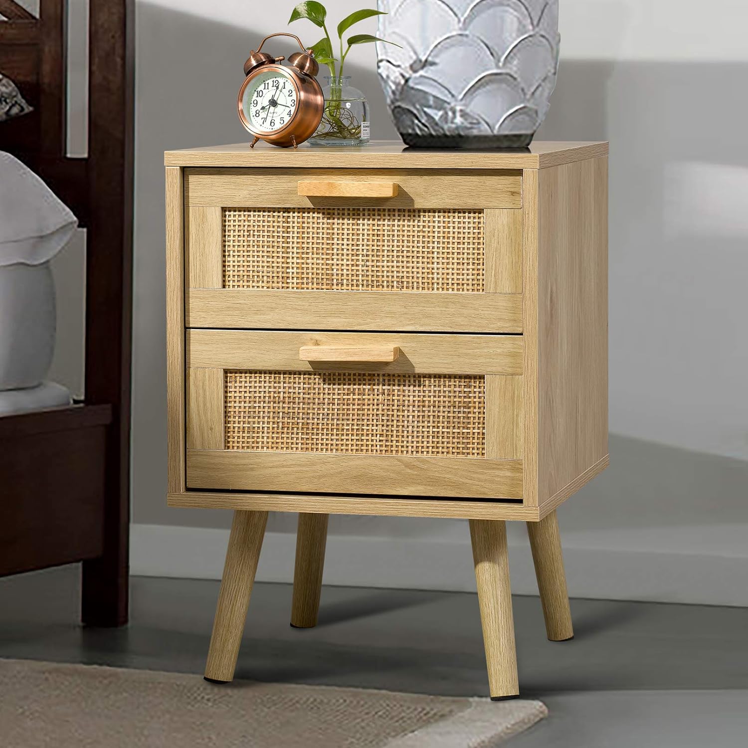 Finnhomy Nightstand, End Table, Side Table with 2 Hand Made Rattan Decorated Drawers, Wood Accent Table with Storage for Bedroom, Natural, 2 Pack