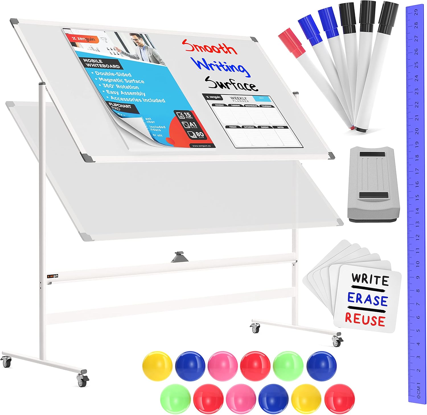 Zenguin Mobile Whiteboard &ndash; 72x36&rdquo; Easel Style Dry Erase Board w Locking Wheels - Double Sided Magnetic Easel Board - Adjustable Height Rolling Whiteboard - Portable Whiteboard w Accessories, Gray