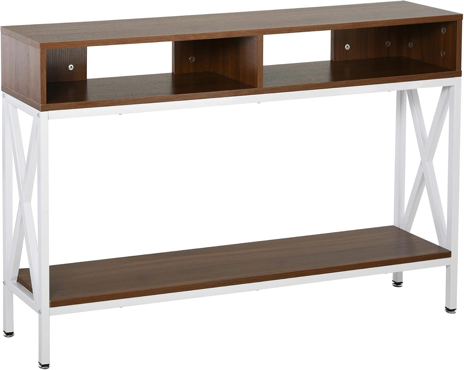 HOMCOM Industrial Style Entryway Console Table Desk with Shelf for Living Room, or Bedroom, Walnut Wood Grain and Black