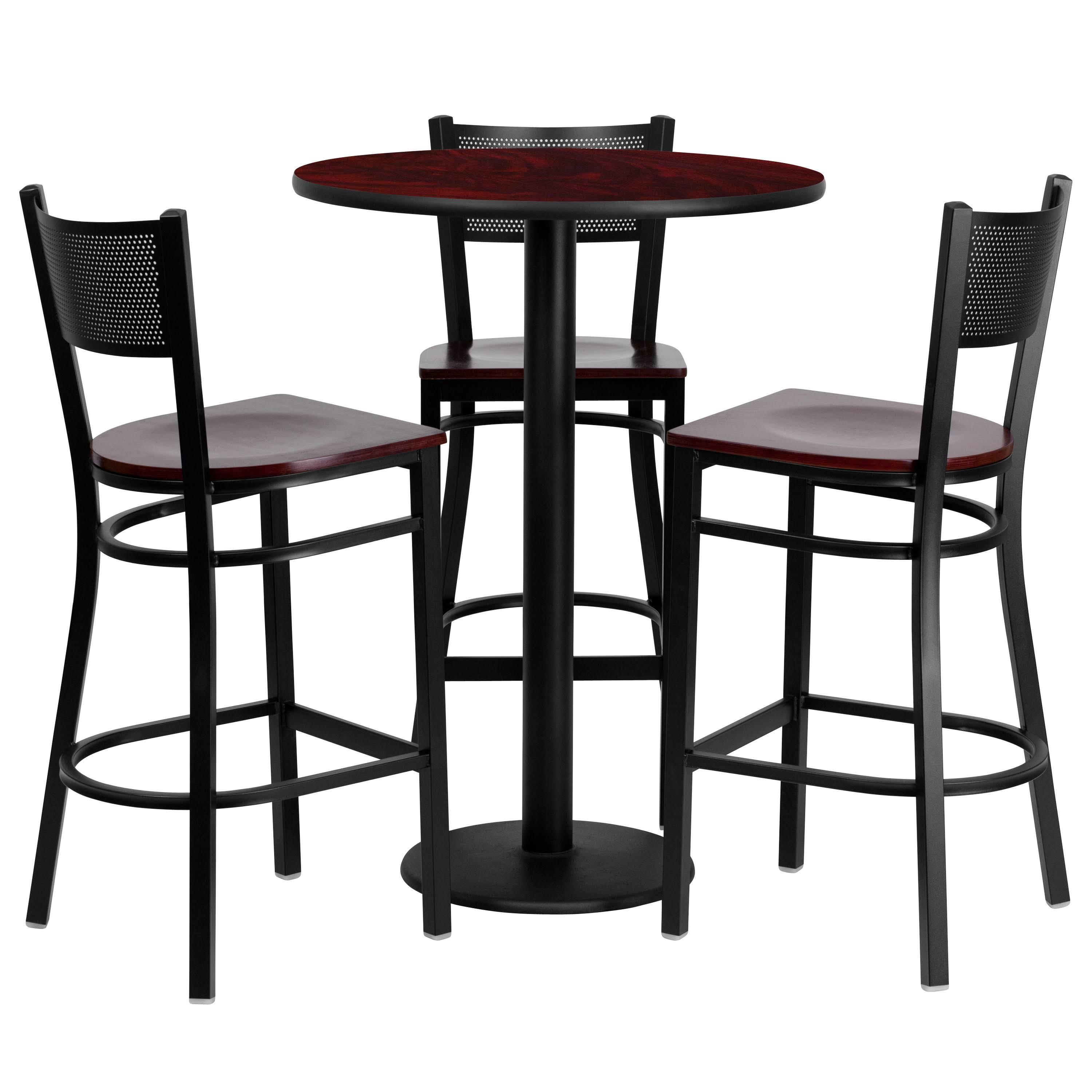 30&& Round Natural Laminate Table Set with 3 Grid Back Metal Barstools - Black Vinyl Seat | Flash Furniture