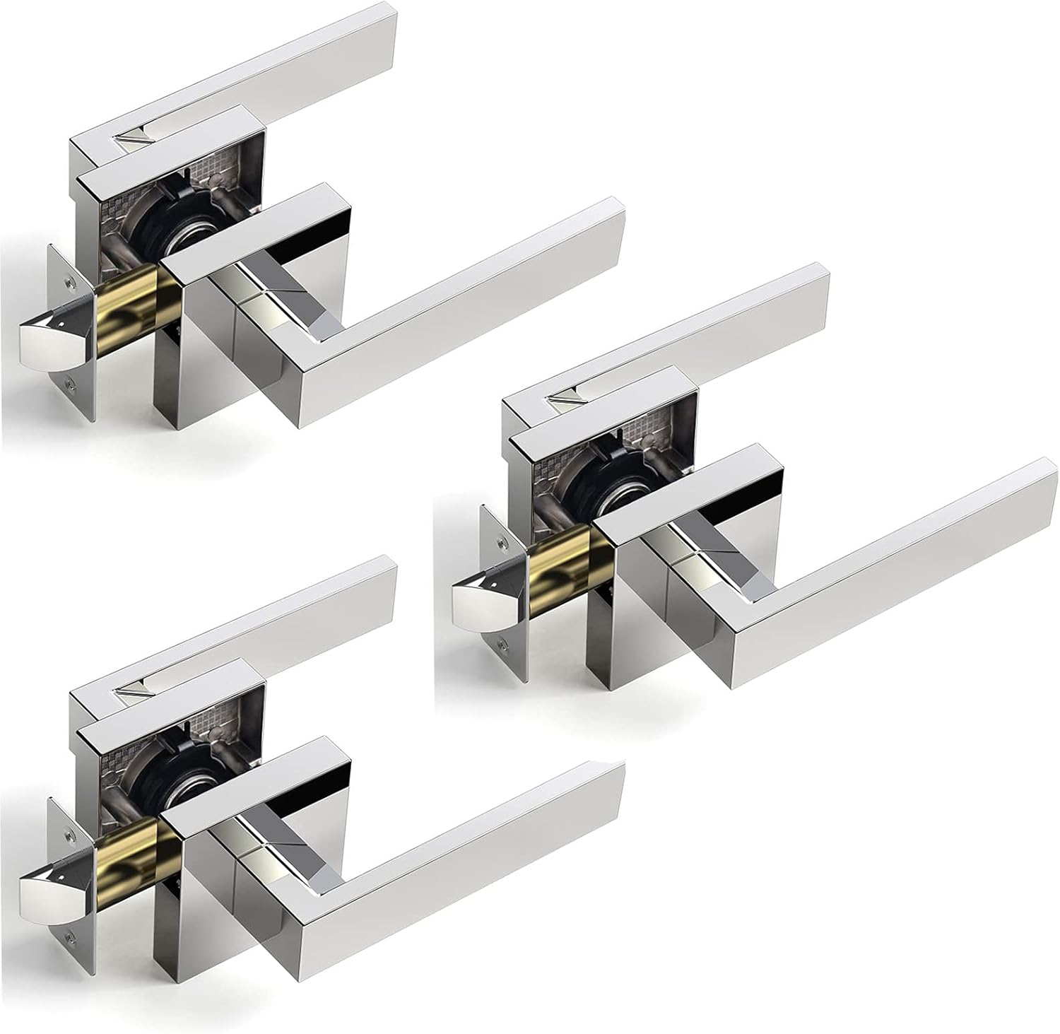 3 Pcs Door Handles, Passage Door Knobs Polished Chrome Door Handle, Hallway Closet Door Knobs Interior Without Keys, Heavy Duty Black Door Knobs for Left or Right Handed Doors