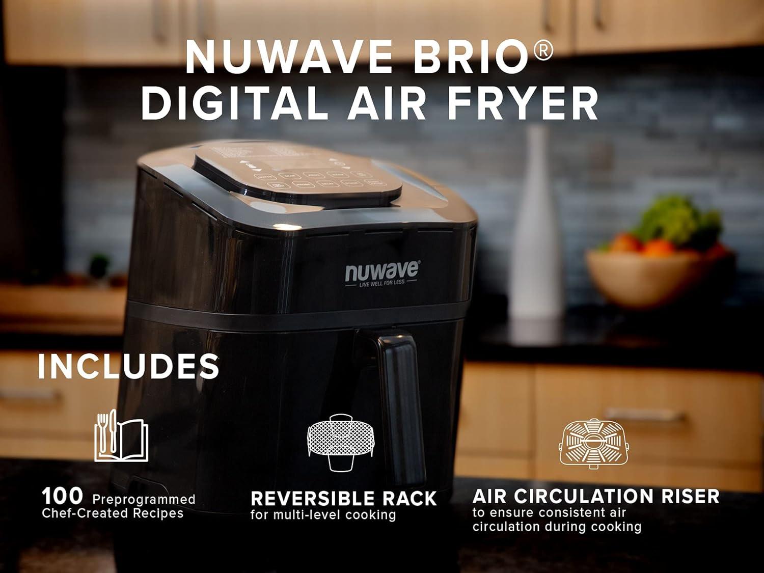 NUWAVE Brio Digital Air Fryer 7.25-Quart with One-Touch Digital Controls, 100 Easy Presets, Precise Temperature Control, Reversible-Rack, Recipe Book, Wattage Control, and Advanced Functions like PREHEAT and REHEAT