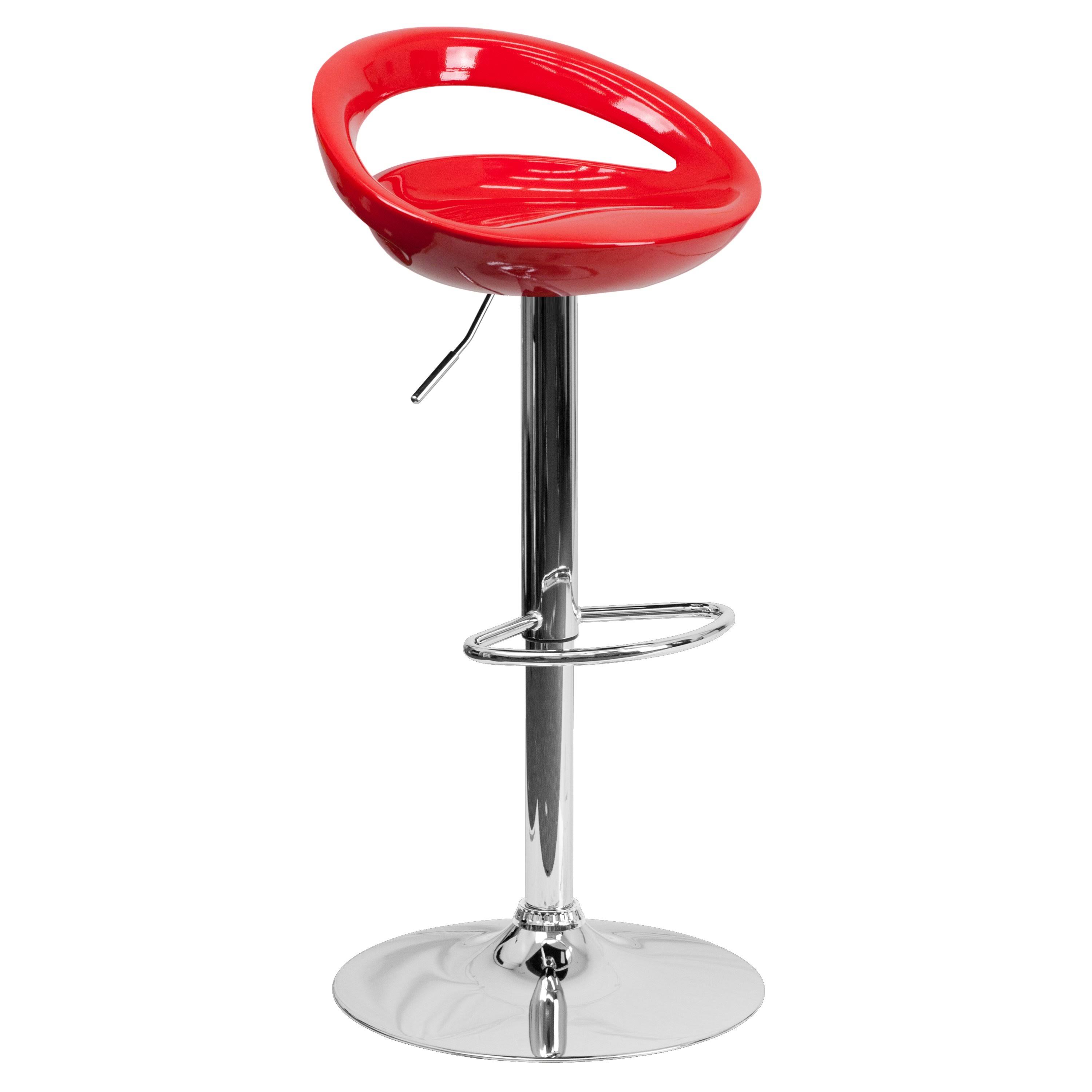 Alamont Contemporary Red Plastic Adjustable Height Barstool with Rounded Cutout Back and Chrome Base