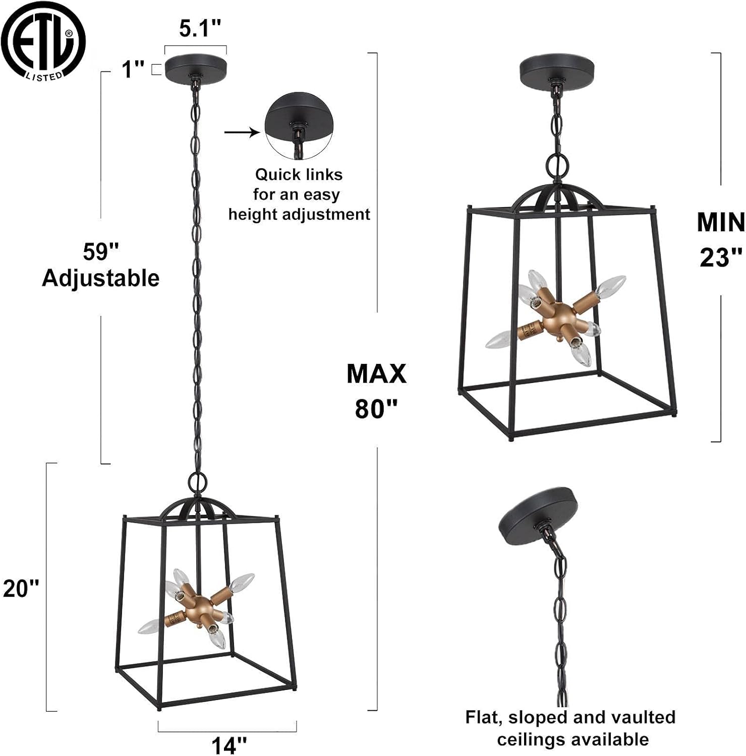 Durent Lighting Modern Lantern Chandelier, 6-Light Black Cage Chandelier Lighting Fixture, Gold Bulb Base Contemporary Farmhouse Chandelier for Dining Room, Bedroom, Kitchen Island, Dia 14&rdquo;