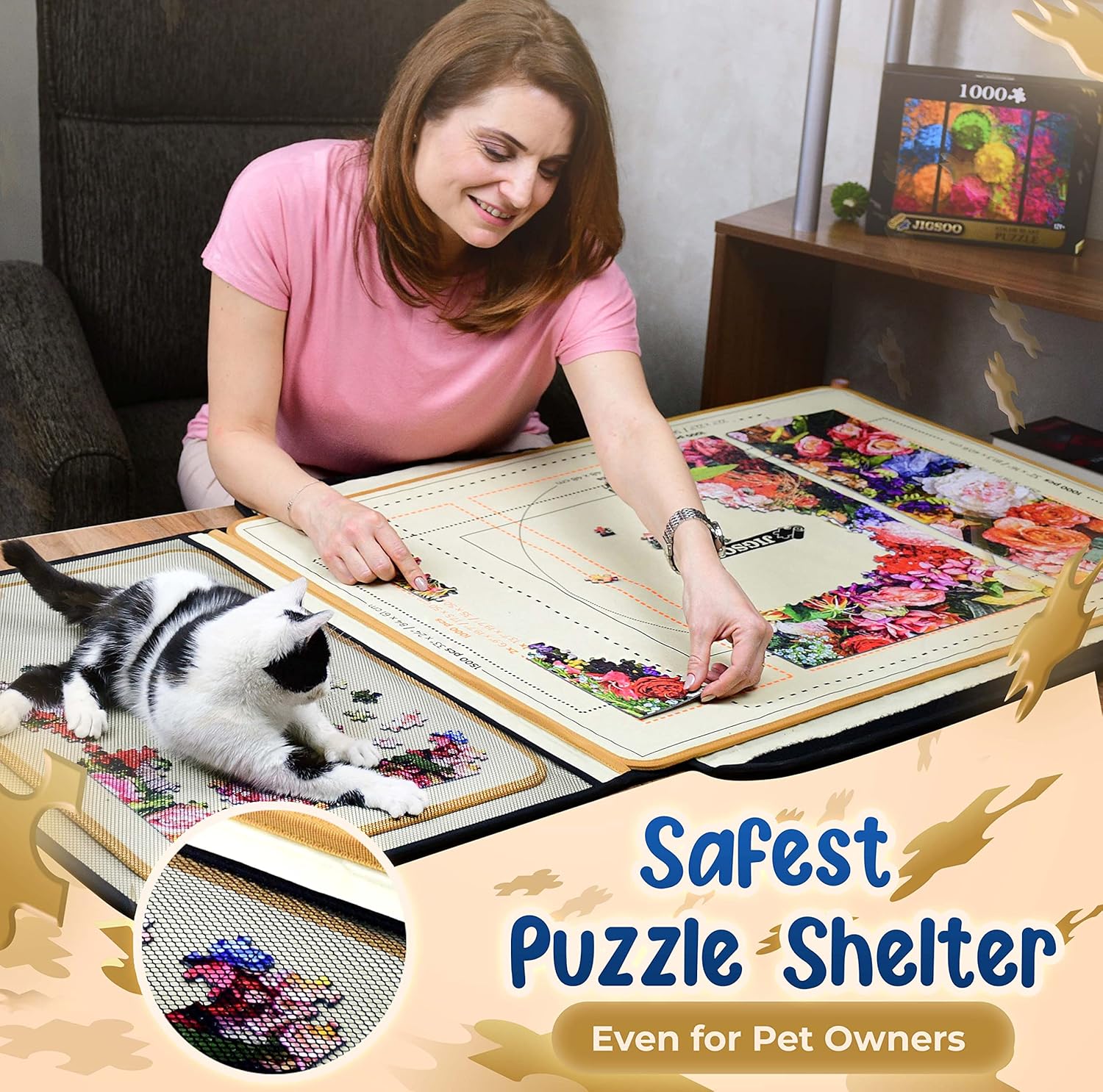 Jigsoo Portable Jigsaw Puzzle Case - 1500 Pieces Jigsaw Organizer Puzzle Storage with Central Board and 2 Sorting Trays - Practical Puzzle Saver with Shoulder Strap, 2 Handles & Velcro Closure Keeper