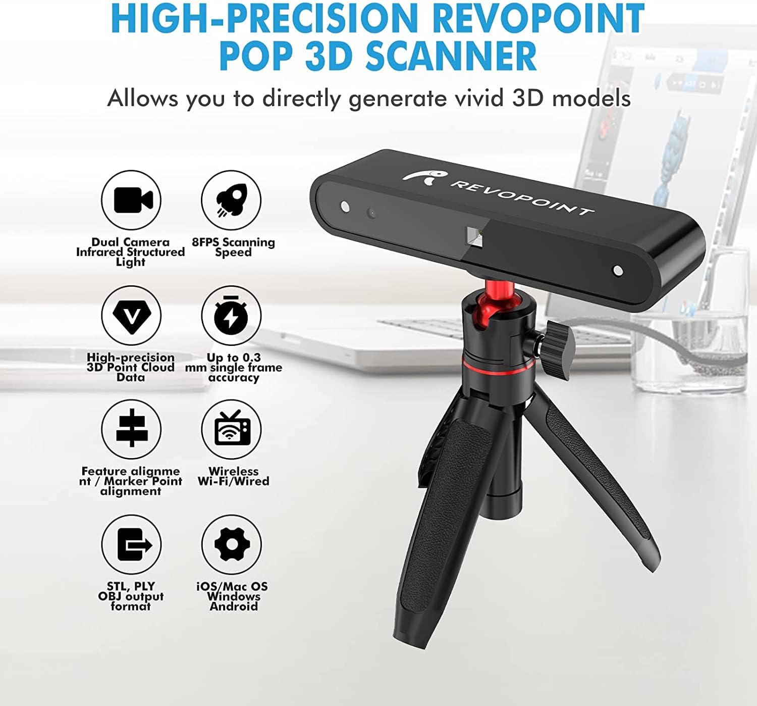 SUNWOW POP 3D Scanner, 0.3mm 8Fps 3D Printer Scanner with Tripod, Handheld and Fixed Scanning Modes for Human Face Body and Color Texture Scanning, Support Android, Windows, iOS and Mac OS, A1