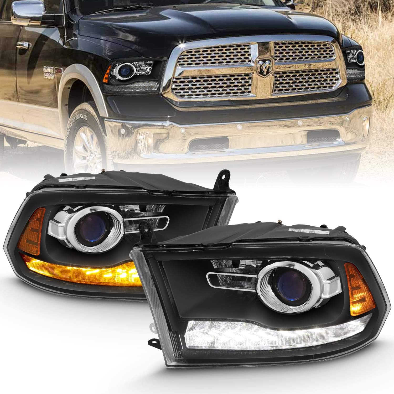 AmeriLite Projector Matte Black Headlights LED DRL Switchback Parking Turn Signal for 09-18 Dodge Ram 1500 2500 3500 Truck- Passenger and Driver Side