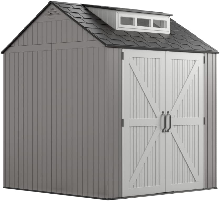 Rubbermaid Outdoor Storage Shed, 7X7 feet, Resin Weather Resistant Outdoor Garden Storage Shed for Backyard, Garden, Tool Storage, Lawn, Garage Organizer, Sandstone
