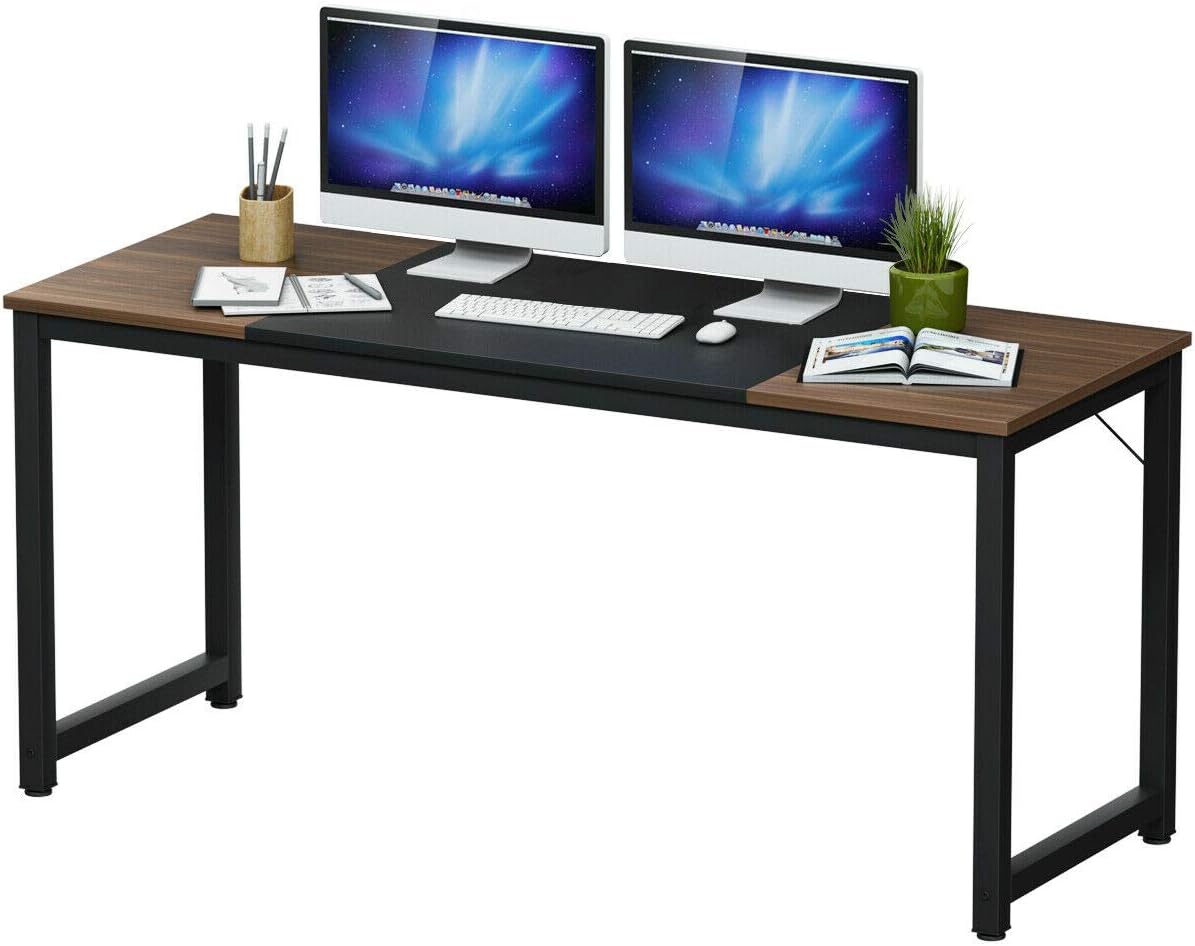Tangkula 63” Computer Desk, Modern Large Writing Desk Computer Table, Office Desk with Solid Metal Frame, Study Writing Desk for Home Office Bedroom (Black & Brown)