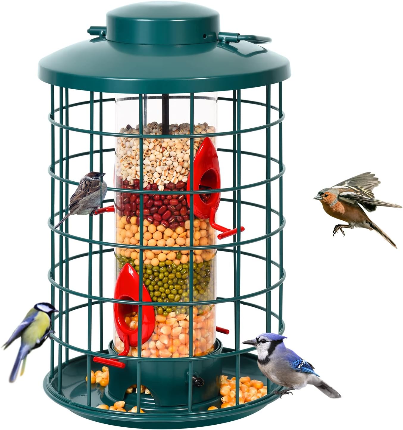 Mosloly Cage Bird Feeder for Outside Wild Bird Feeders, Durable Metal Mix Seed Tube Feeder, Adjustable Feeding Ports, 2.6-Pound Seed Capacity, Perfect Garden Decoration, Green Pack of 2