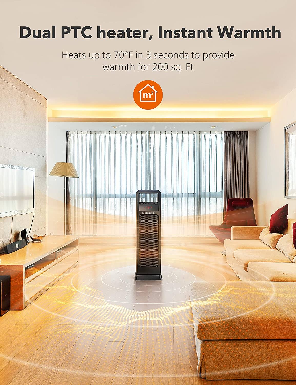 Space Heater, TaoTronics Dual PTC 1500W Portable Electric Heater, Small Fast Quiet Tower Oscillating Ceramic Heater for Office