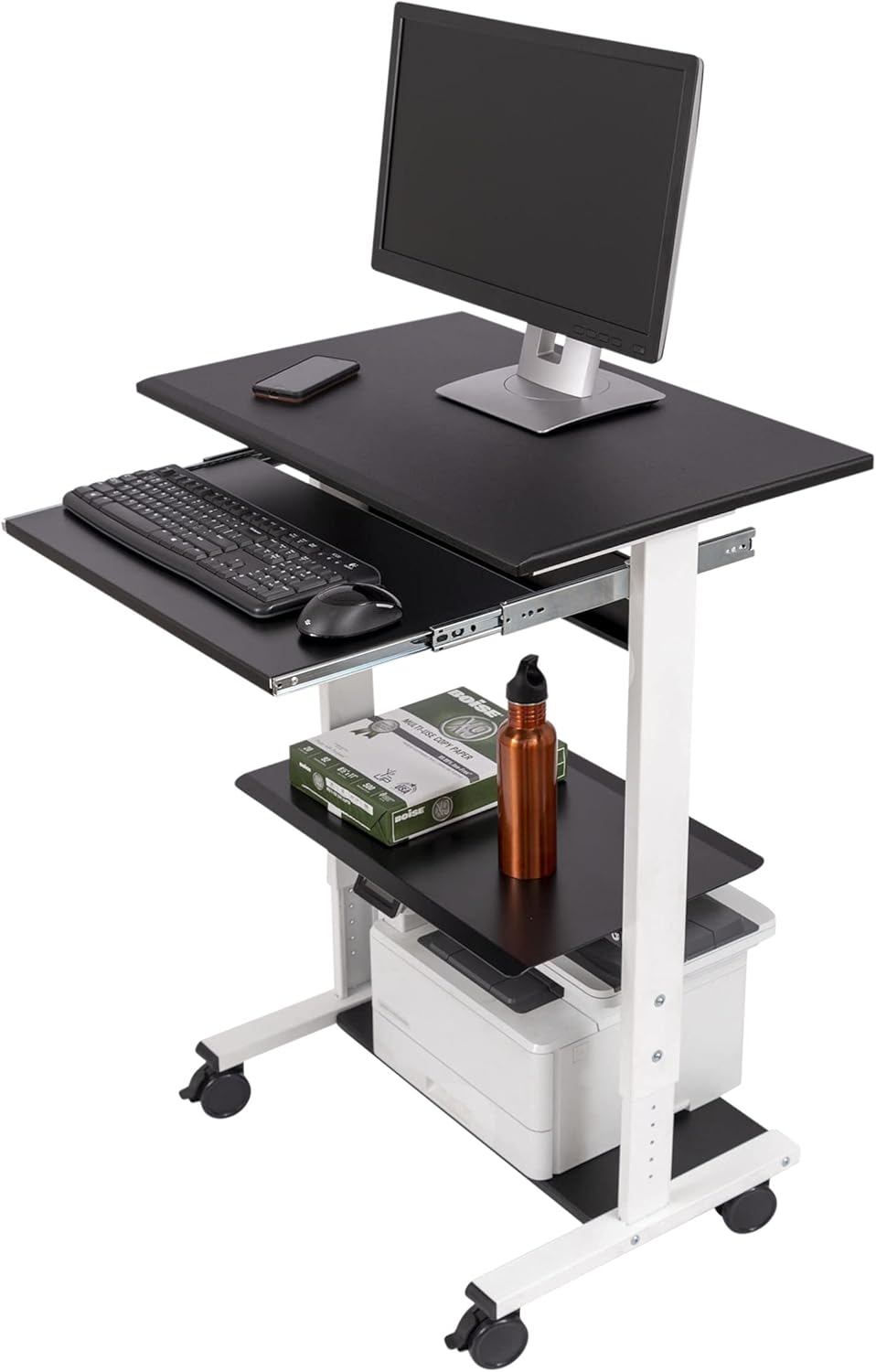Stand Up Desk Store Mobile Rolling Adjustable Height Standing Workstation with Printer Shelf and Slideout Keyboard Tray (Black Frame/Black Top, 30