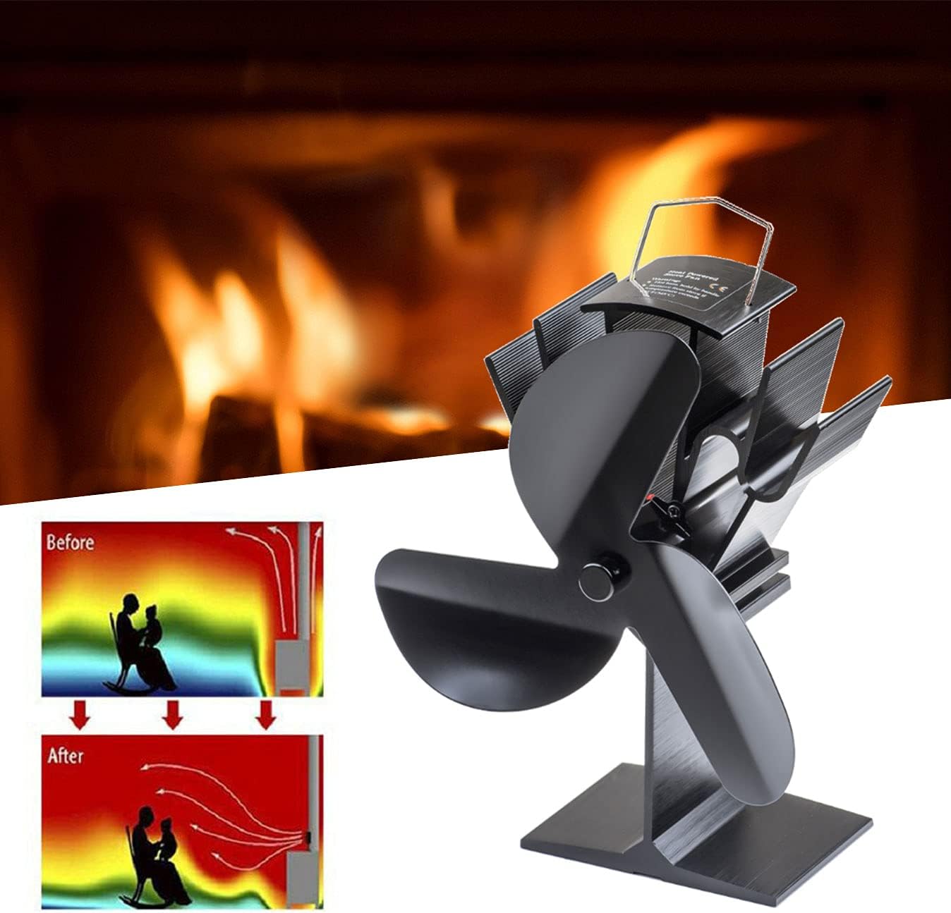 ELASHY 3-Blade Wood Burning Stove Fan Heat Powered fireplace fan Eco Fans for Wood Log Burner Fireplaces Efficently Black, 6.7x4.7x8.7IN