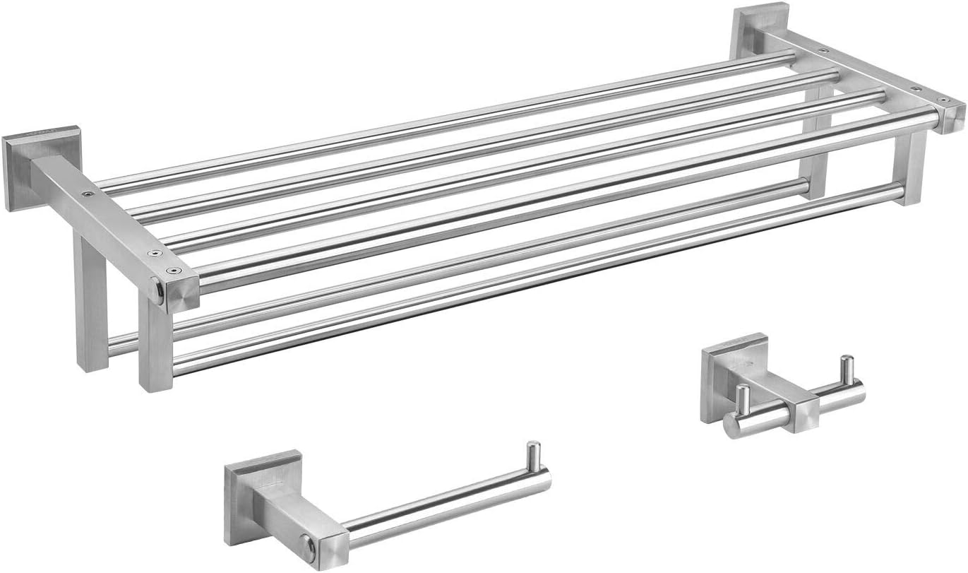 Bathroom Towel Rack with Shelf for Bathroom, HONGYUN 24 Inch Towel Bar Set with Wall Mounted Brushed Nickel Bathroom Accessories -1 Dual Towel Bar Shelf,1 Towel Holder and Double Robe Rack