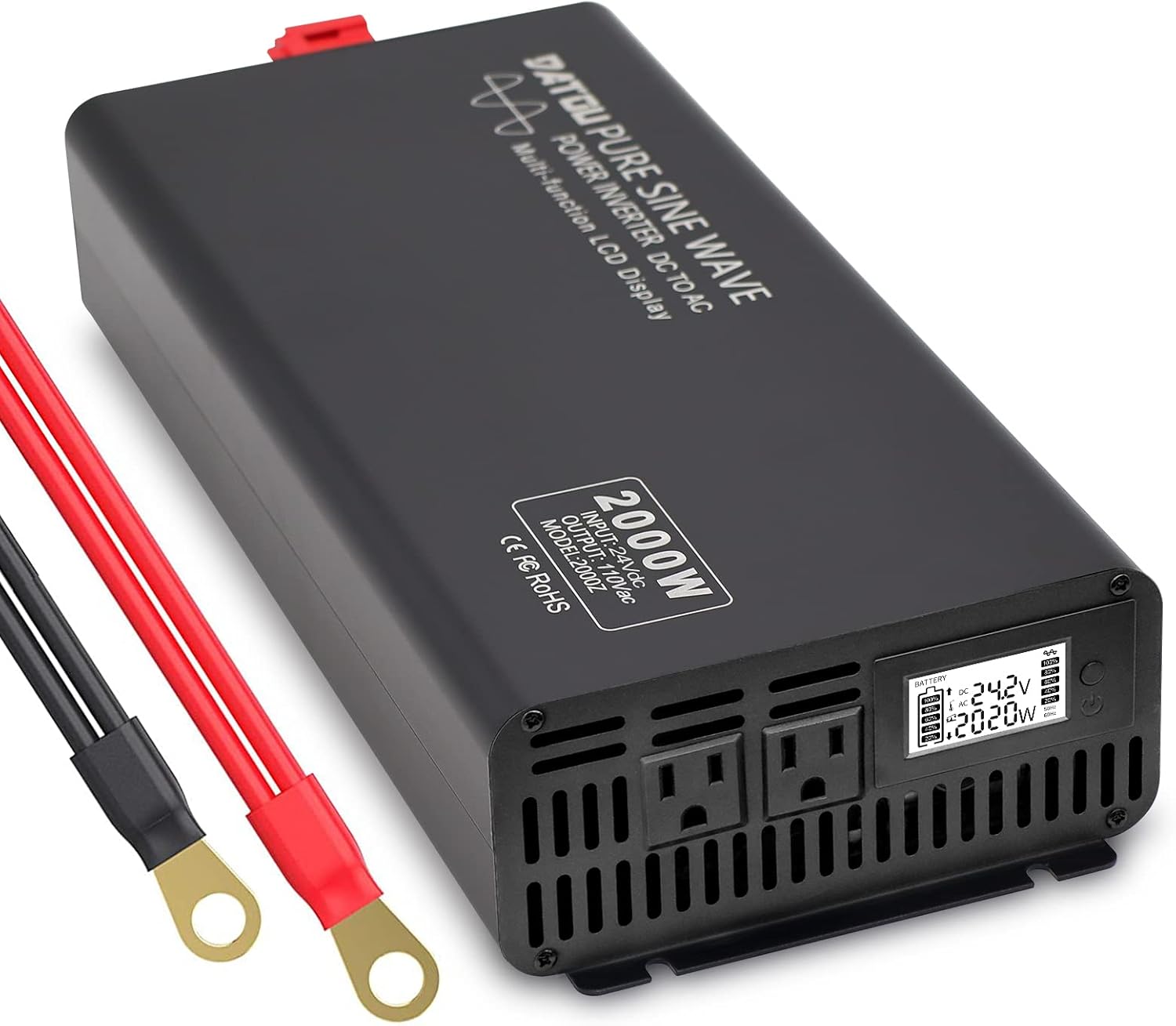 24V Pure Sine Wave Power Inverter 2000W Peak 4000W Inverter DC 24V to AC 110V 120V with 2 AC Outlets LCD Display for Home Solar System RV Voltage Converter Inverter