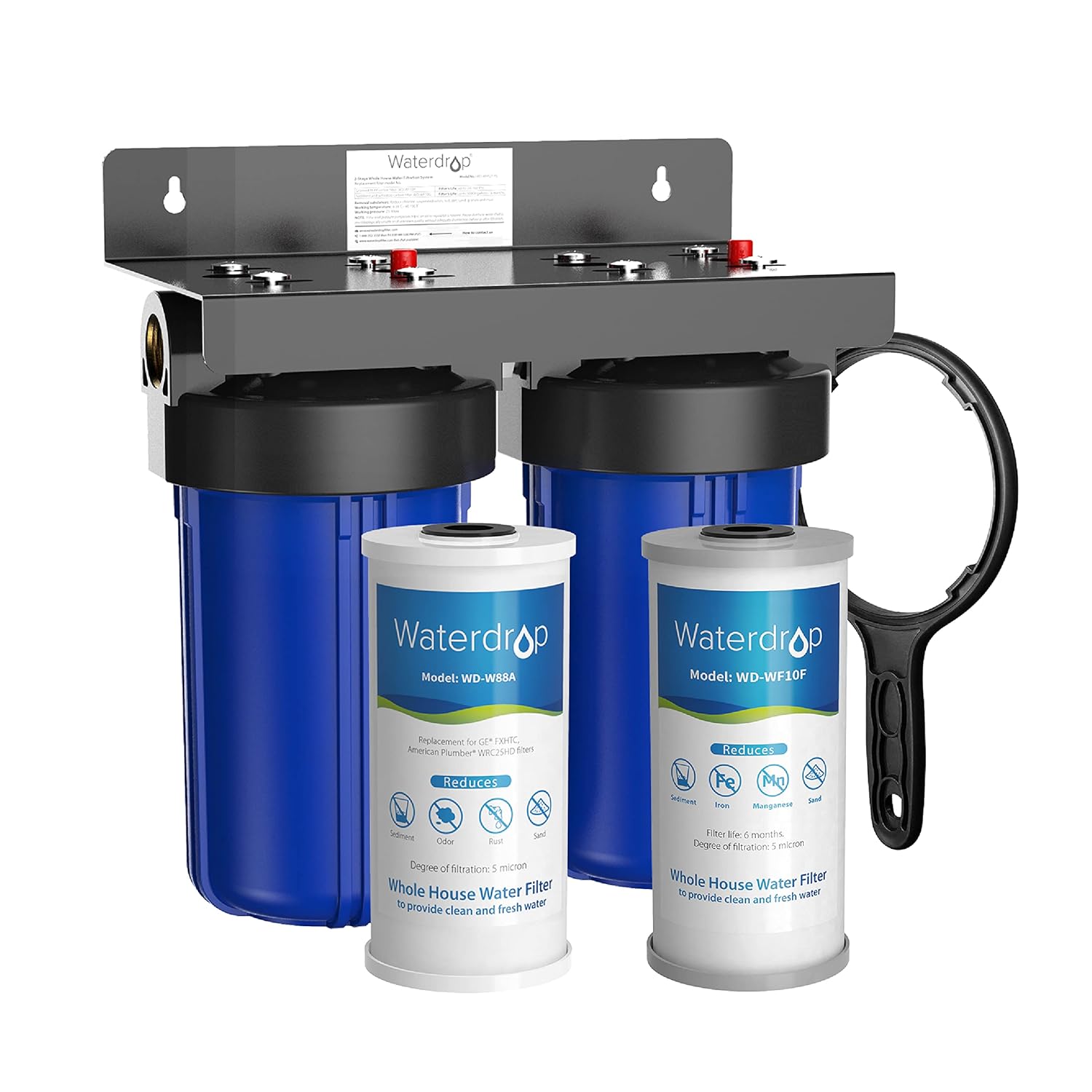 Waterdrop WD-WHF21-FG 2-Stage Whole House Water Filtration System, with 10&rdquo; x 4.5&rdquo; GAC and Iron & Manganese Reducing Filters, Highly Reduce Chlorine, Lead, Taste and Odor, 1
