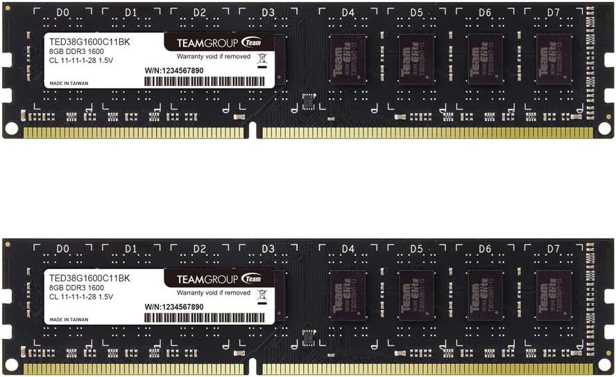 TEAMGROUP Elite DDR3 16GB Kit (2 x 8GB) 1600MHz (PC3-12800) CL11 Unbuffered Non-ECC 1.5V UDIMM 240 Pin PC Computer Desktop Memory Module Ram Upgrade - TED316G1600C11DC01-16GB Kit (2 x 8GB) Pack of 2