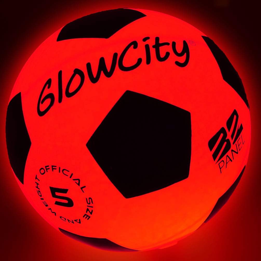 GlowCity Glow Balls for Kids - Pack of 3 with Official Sized Glow in The Dark Football, LED Basketball and Size 5 Light Up Soccer Ball - Spare Batteries Included Pack of 2
