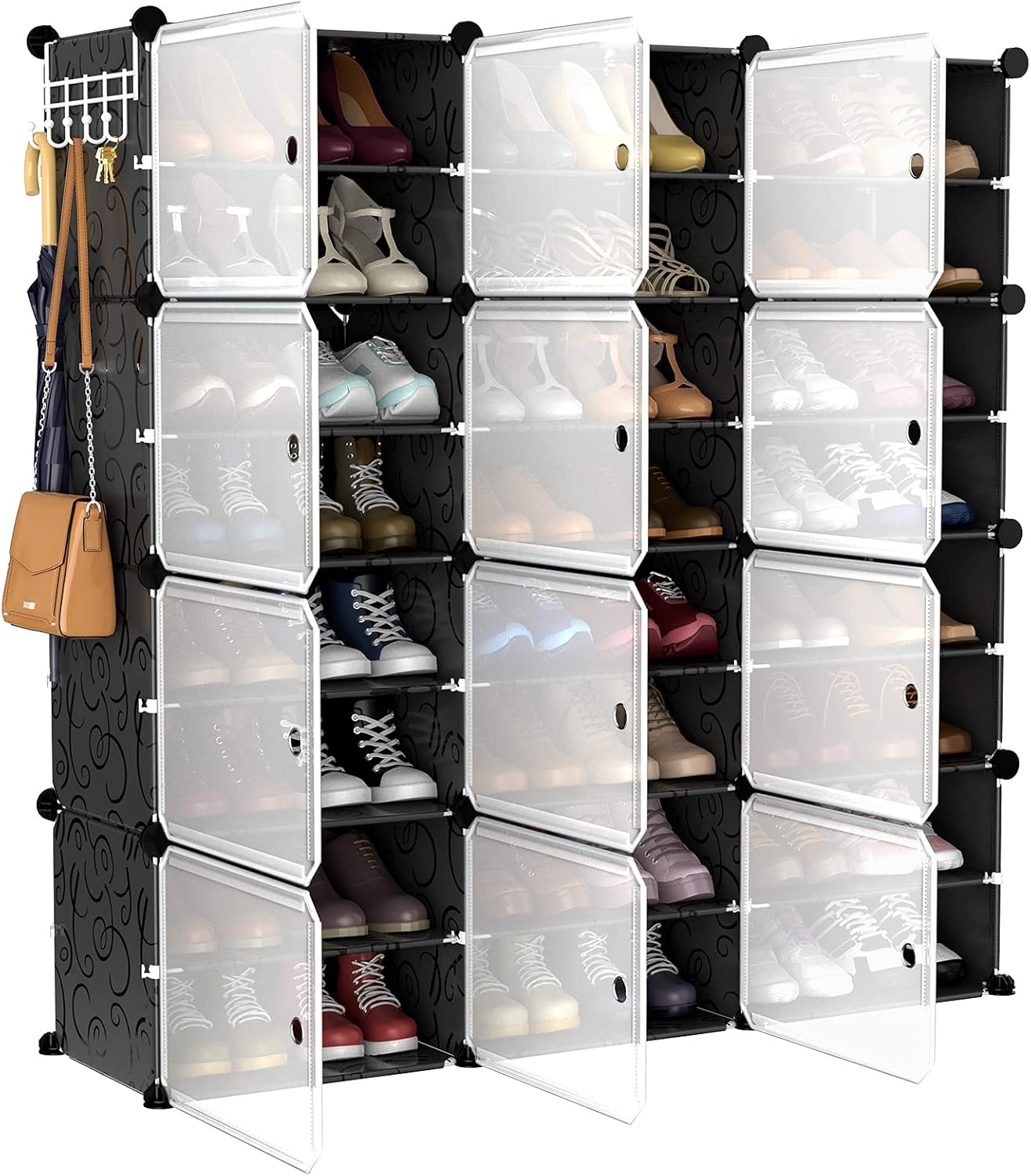 VTRIN Portable Shoe Rack Organizer 48 Pair Tower 4 Tiers Shoe Rack for Entryway Shelf Storage Cabinet Stand for Heels Boots Slippers Cabinet Narrow Standing Stackable Space Saver Shoe Rack Black White