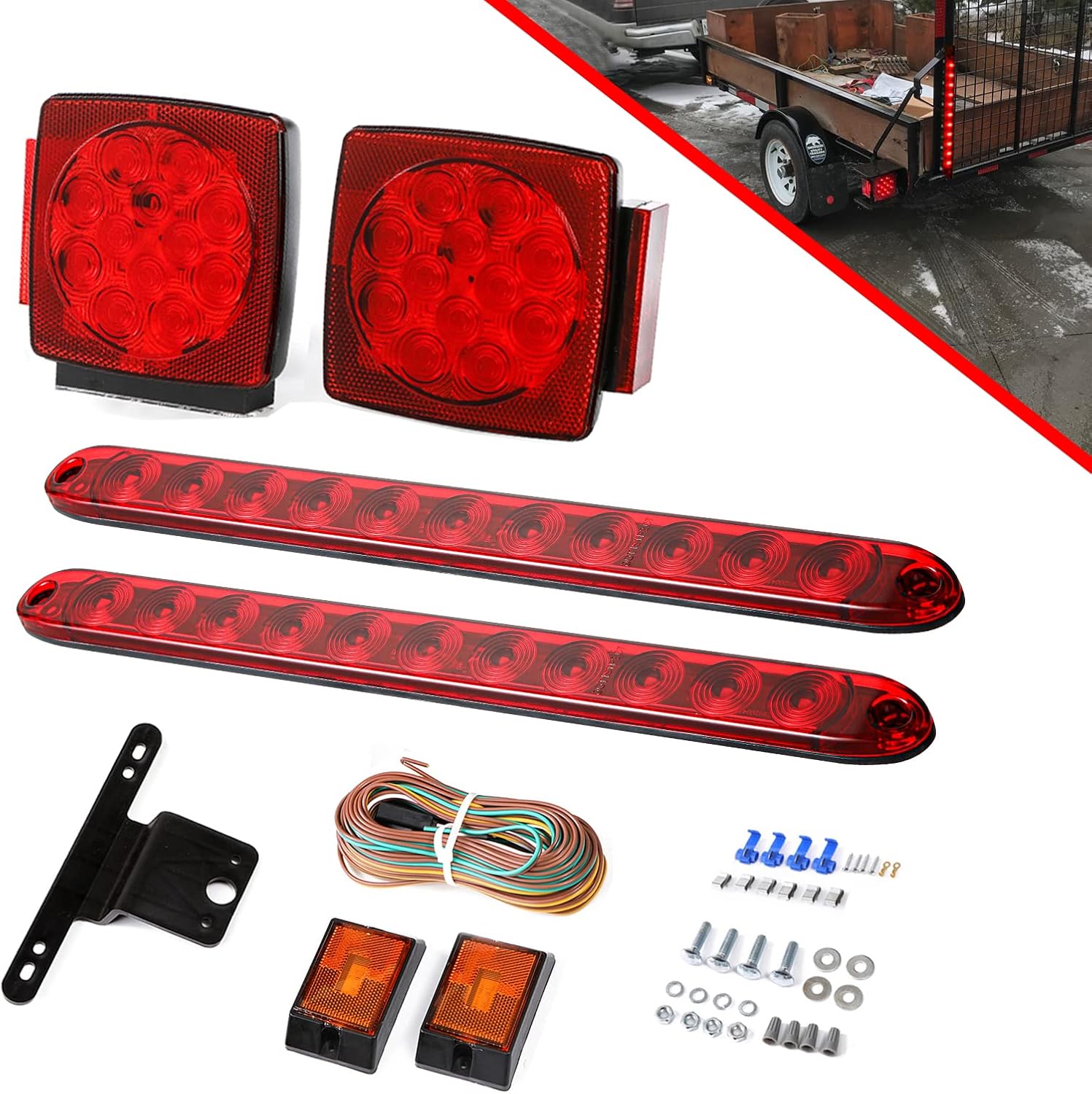 CZC AUTO 12V Submersible LED Trailer Light Kit for Under 80 Inch Vehicles Square Stop Turn Tail Lights with Wire&Bracket, Side Marker Lights, 16