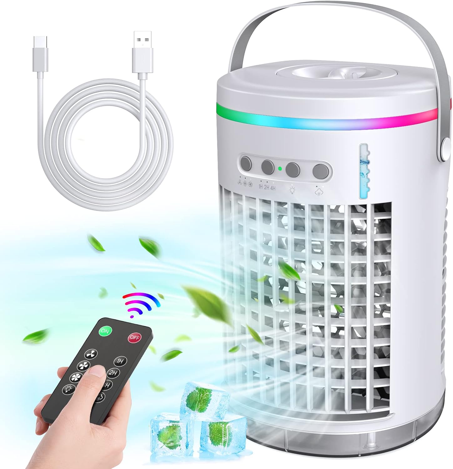 Portable Air Conditioner Fan,Mollget 1400ml Effective Evaporative Portable Personal Air Cooler Humidifier with 7 Colors Light,3 Speeds Personal Air Conditioner Mini for Bedroom Office Home Study Room Pack of 2