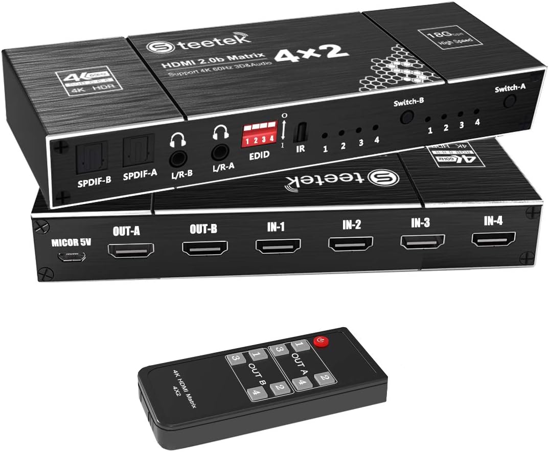 Steetek HDMI Matrix 4X2 Switch, 4K@60Hz, 4 HDMI inputs Switch and Split to 2 HDMI Monitors, EDID Extractor and IR Remote Control Support, HDMI 2.0b, HDCP 2.2, 3D, with Independent Audio outputs Pack of 2