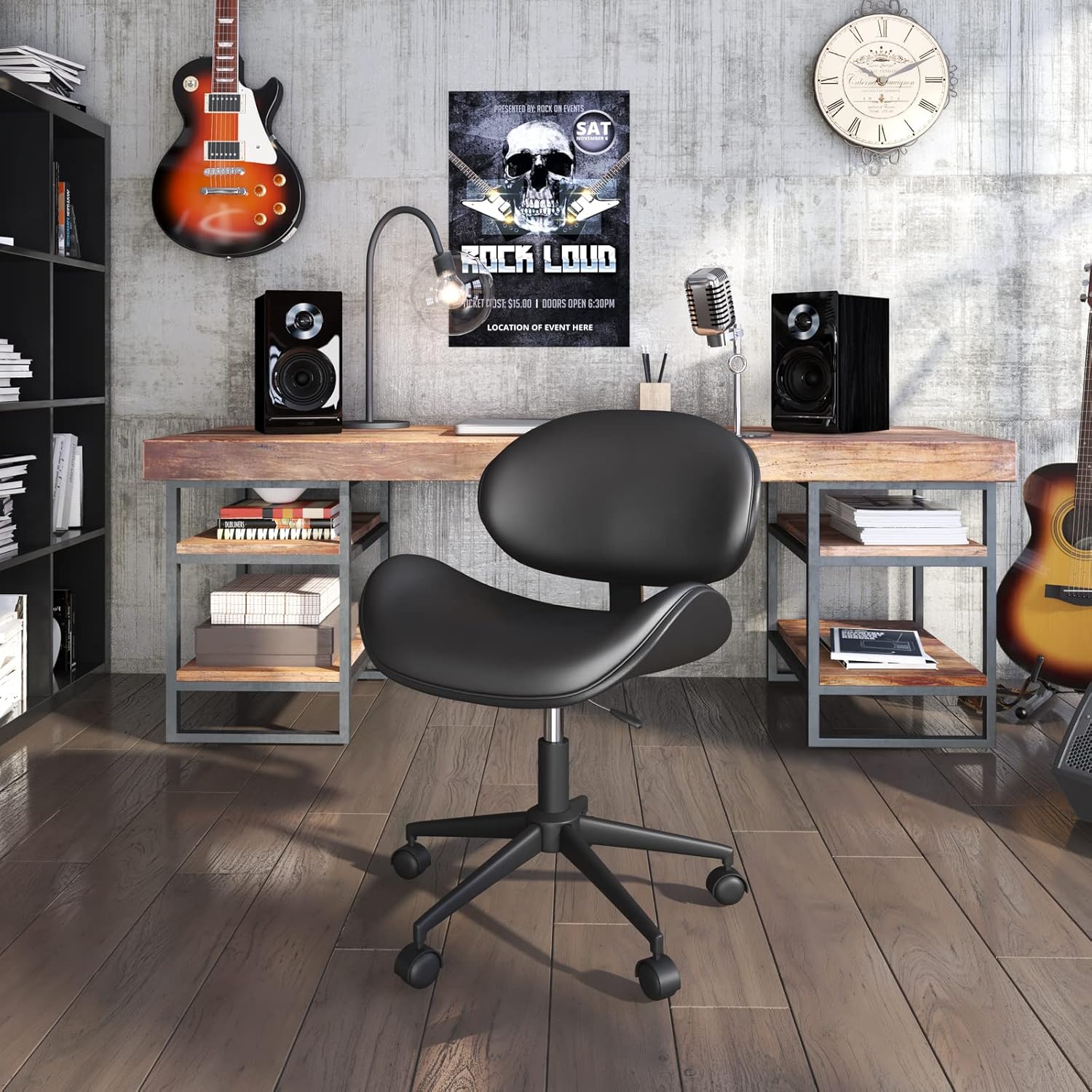 Mid-Century Modern Home Office Chair with Curved Seat/Back, Adjustable 360&deg; Swivel Executive Desk Chair, Black Rolling Computer Chair, Stainless Steel Legs and 5 Wheels for Home and Office, CAELUM