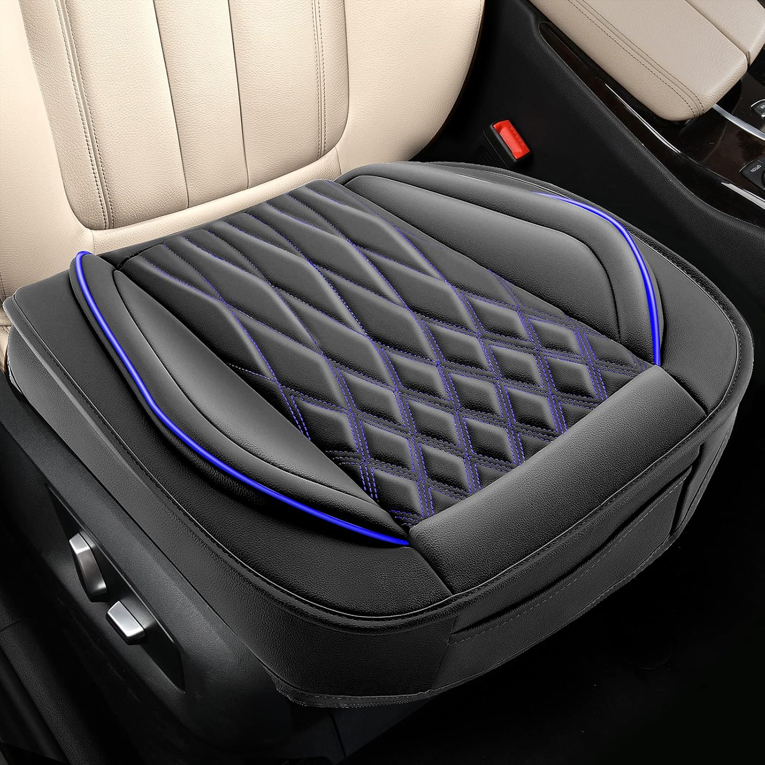 Sunny color 1PC Premium Pu Car Seat Cover, Full Wrapping Edge Front Seat Protector Compatible with Most Vehicles（Black-Blue Line