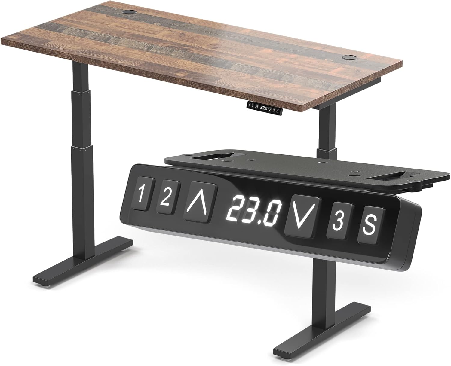 Direction Electric 60-Inch Height Adjustable Standing Desk, Dual Motor Sit Stand Rising Desk (Black Frame, Walnut Top)