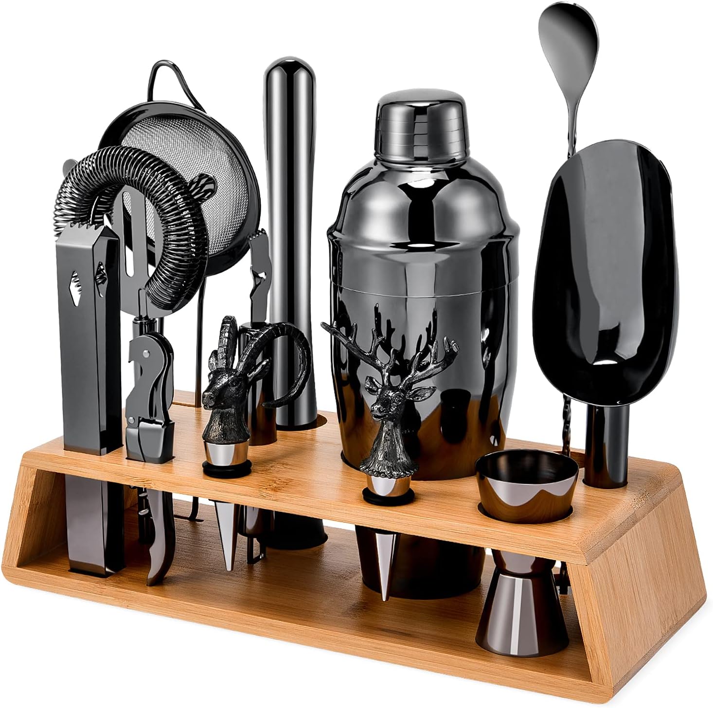 Cubovie Cocktail Shaker Set Bartender Kit with Stand: 15 - Piece Cocktail Bar Set Bar Kit Cocktail Kit Bar Sets For The Home Bartending Kit Bar Tools Set & Cocktail Recipes Cards (Metal Black) Pack of 2