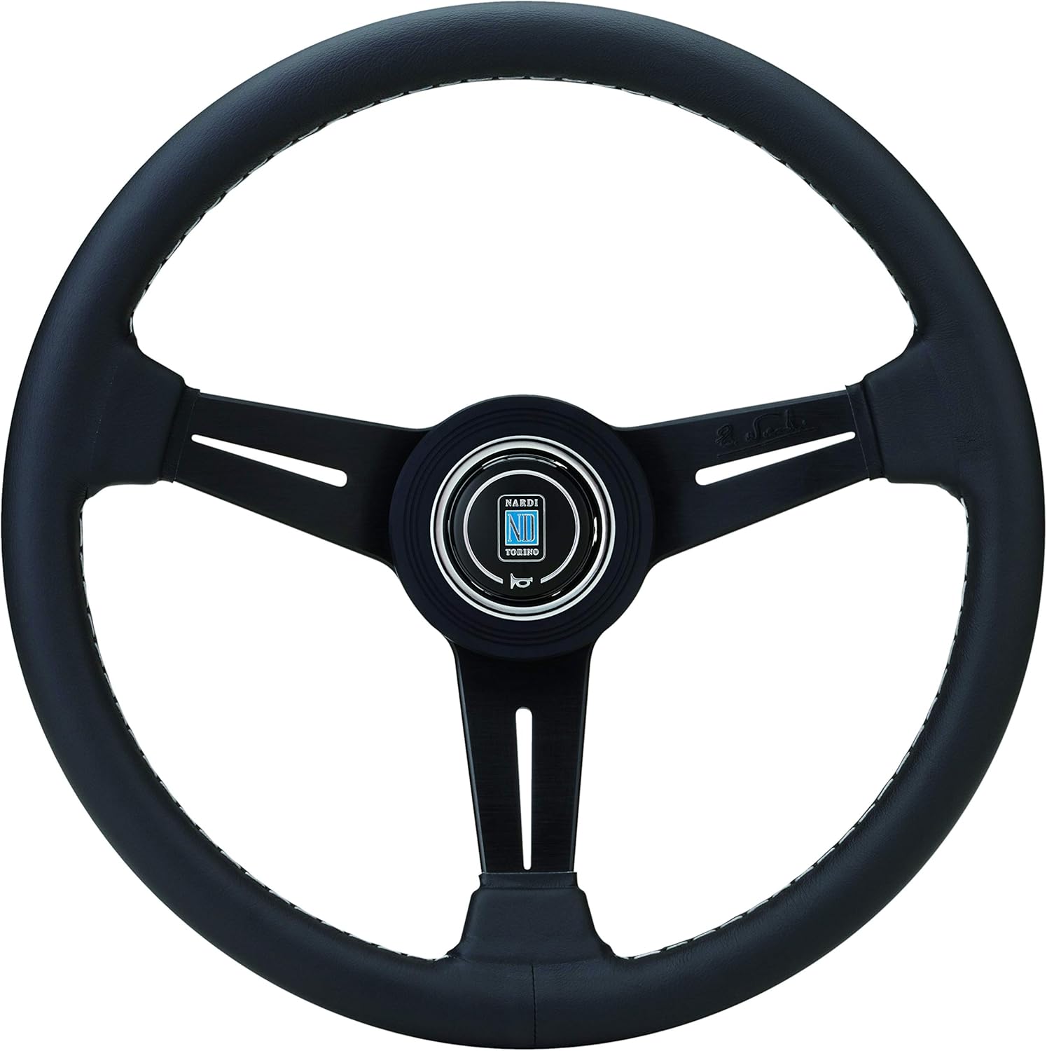 Nardi Steering Wheel - Classic - 340mm (13.39 inches) - Black Leather with Grey Stitching and Black Anodized Spokes - Black Aluminum Ring - Part # 6061.34.2001