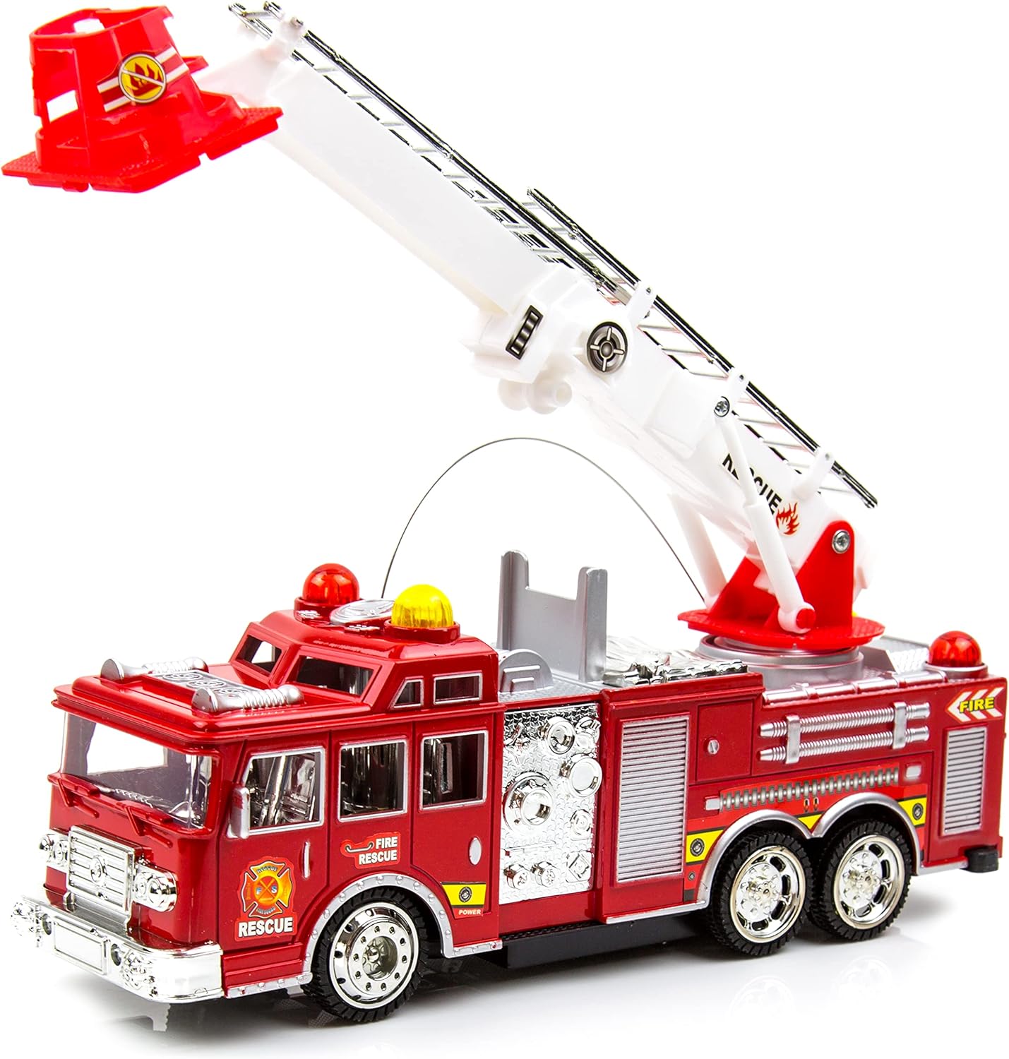Toysery Remote Control Fire Truck Toy, Realistic Rc Trucks Toddler Toys, Siren Head Toy with Vivid Lights, Bump and Go Red Fire Trucks for Kids, Big Fire Truck with Extending Fire Ladder Pack of 2