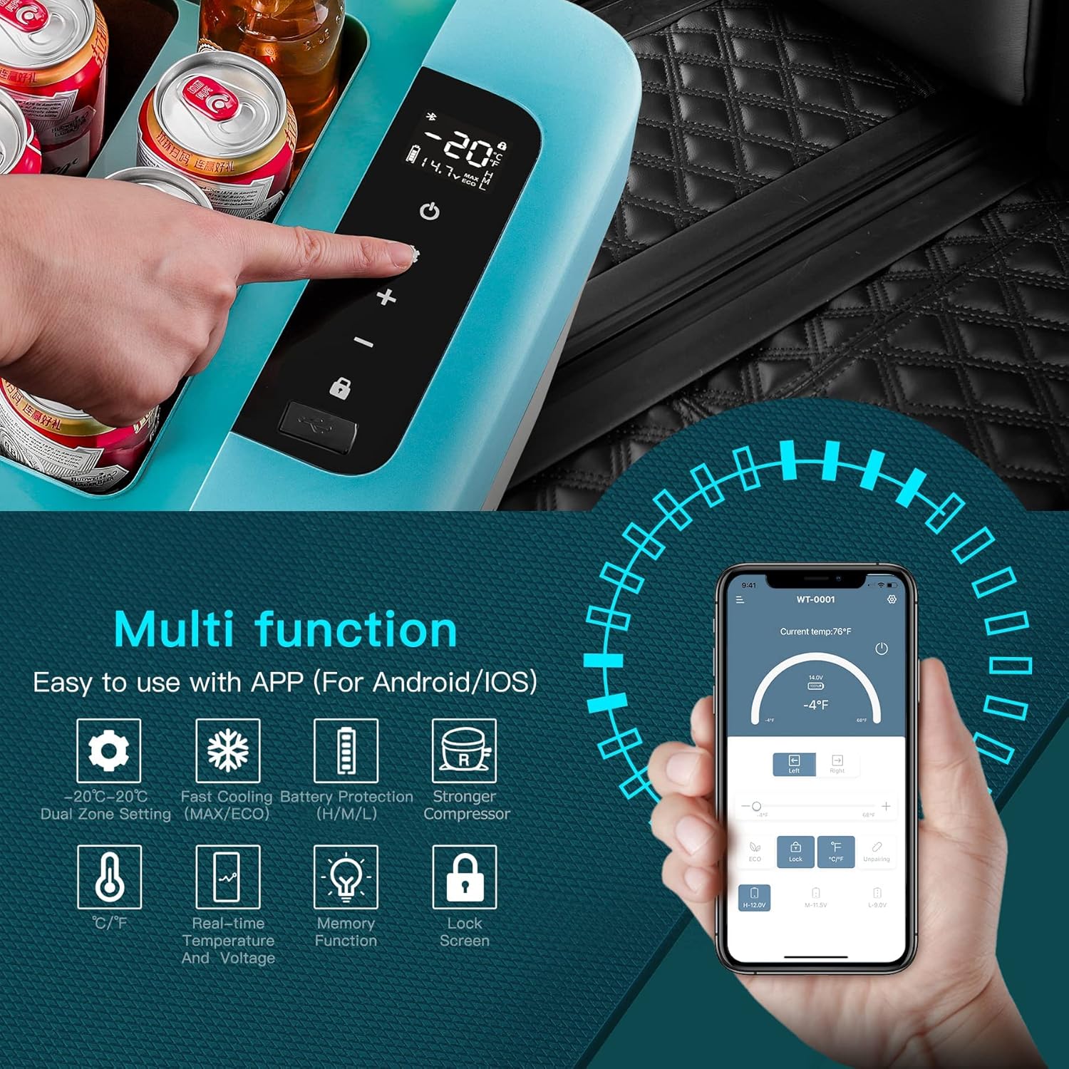 BODEGA 12 Volt Car Refrigerator, Portable Freezer, Car Fridge Single Zone APP Control, 20 Quart（18L）-4℉-68℉ RV Electric Compressor Car Cooler with 12/24V DC and 100-240V AC, for Car, RV, Camping and Home Use, Sky Blue