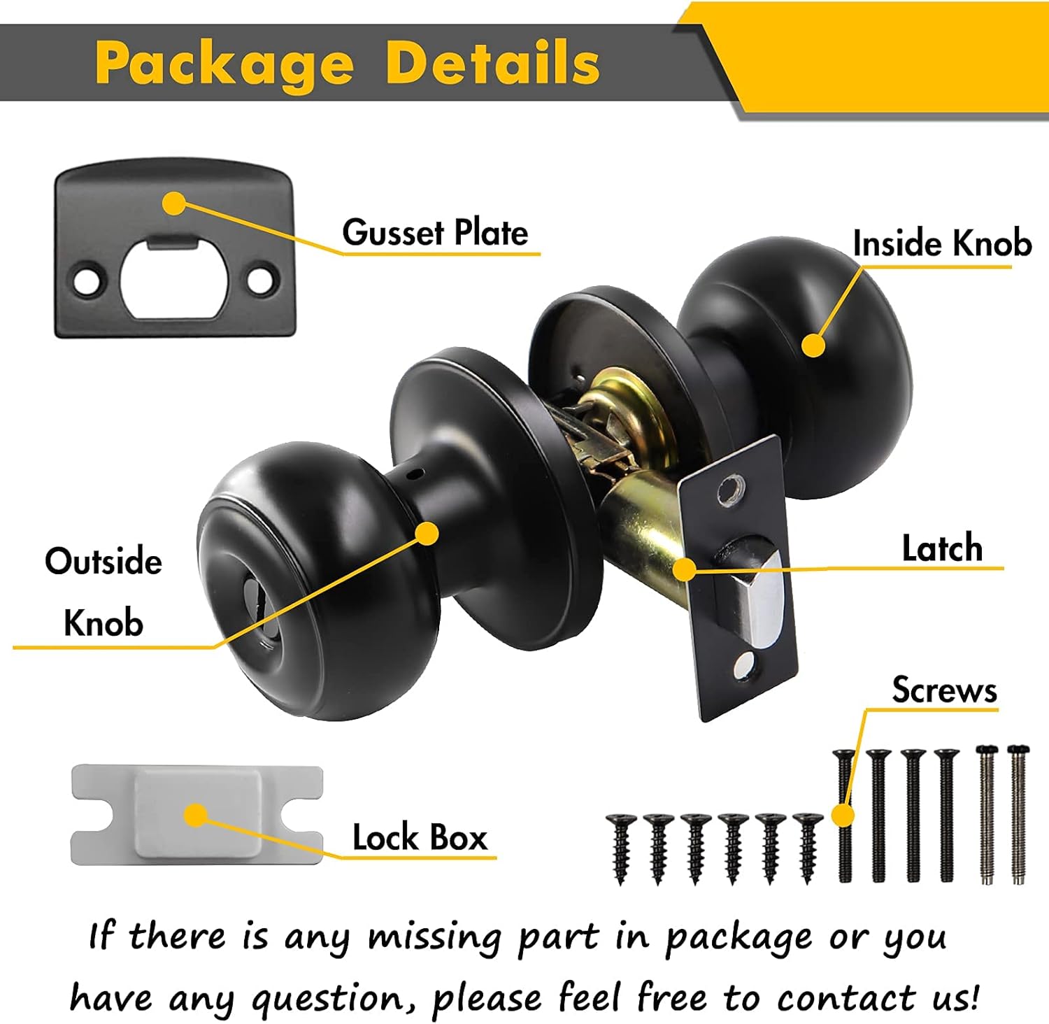 Privacy Door Knobs (4 Pack), Black Interior Door knobs Set Without Key , Keyless Interior Door Lock Sets, Round Style Door Knob for Bedroom and Bathroom , Black Finish… Pack of 2