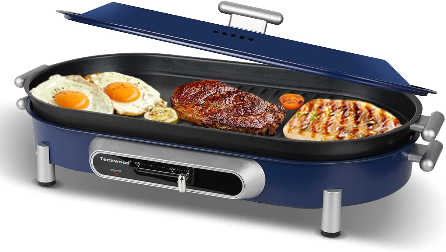 Electric BBQ Grill Indoor, Techwood Electric Indoor Grill Griddle Korean BBQ Grill With Lid, Non-stick Surfaces and Removable Plates, Adjustable Temperature, Fast Heat Up, Easy to Clean 1200W, Blue