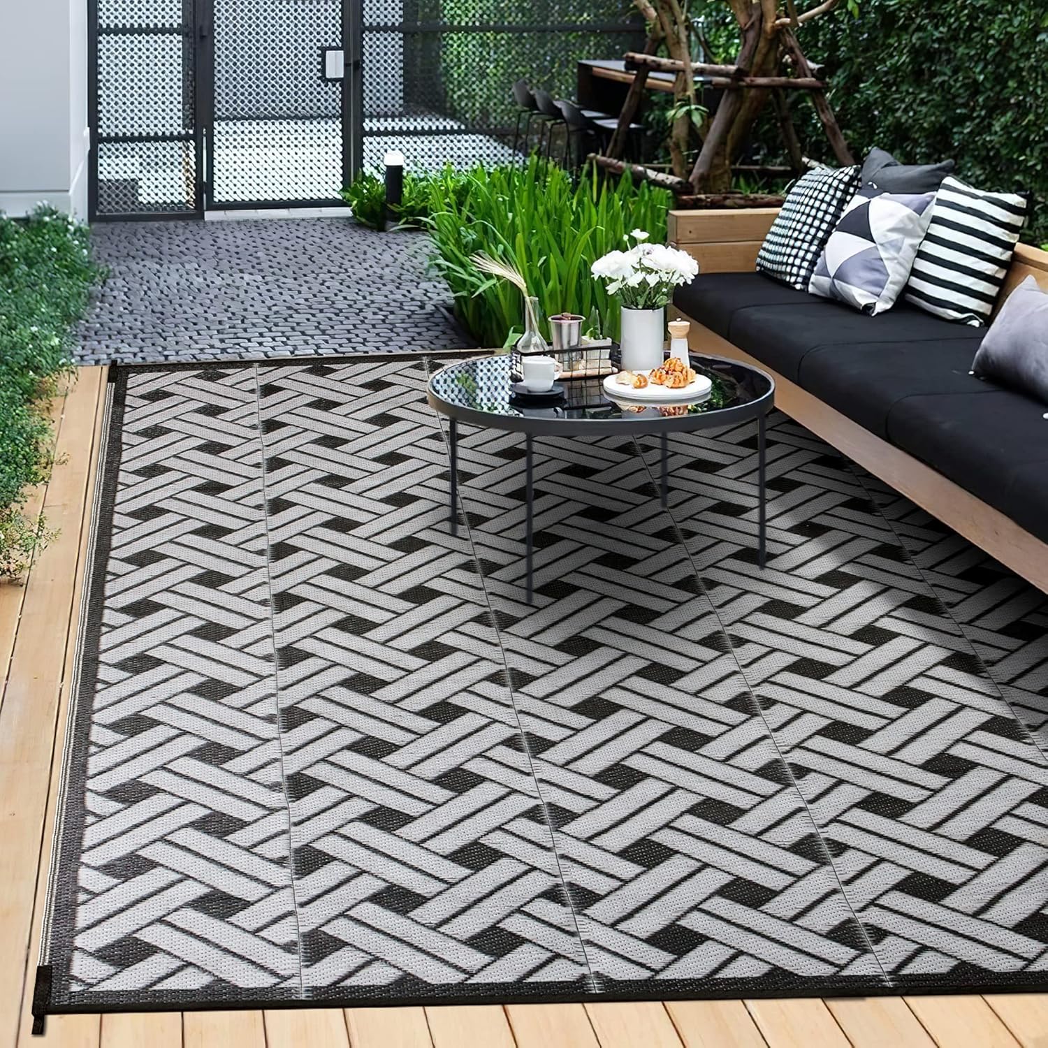 GENIMO 6'x9' Reversible Outdoor Rug for Patio Clearance, Outdoor Waterproof Plastic Mat,Patio,Camping,Rv,Deck,Porch,Camper,Balcony,Black & Gray