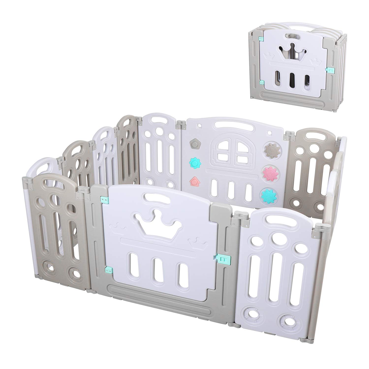 Foldable Playpen Fence: Extra Large Play Pen with Locking Gate - Gate Playpen with Non-Slip Rubber Bases - Kids Play Fence Activity Center for Baby, Toddlers & Infants (14 Panel)