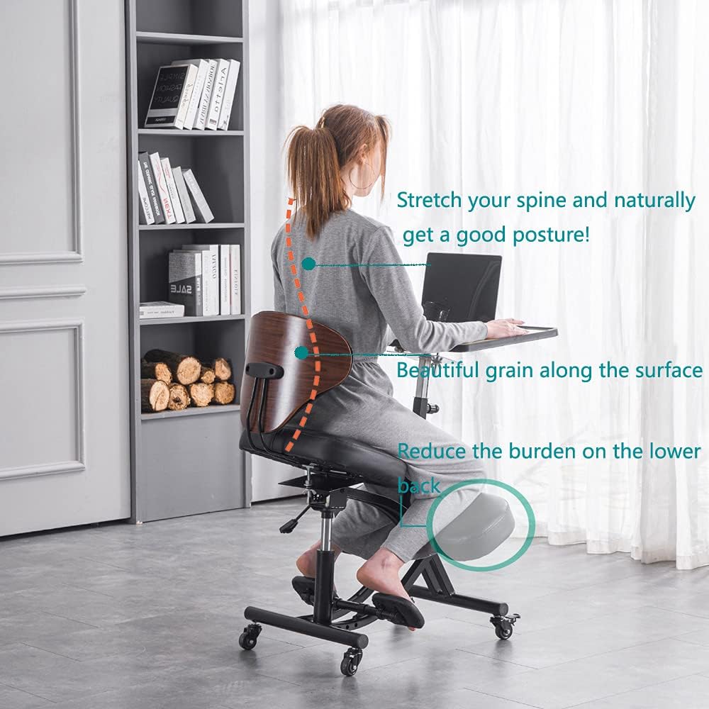 YOOMEMM Kneeling Chair with Integrated Laptop Desk,Balance Chair with Wood Backrest,Height & Tilt Angle,Posture Correcting,Black