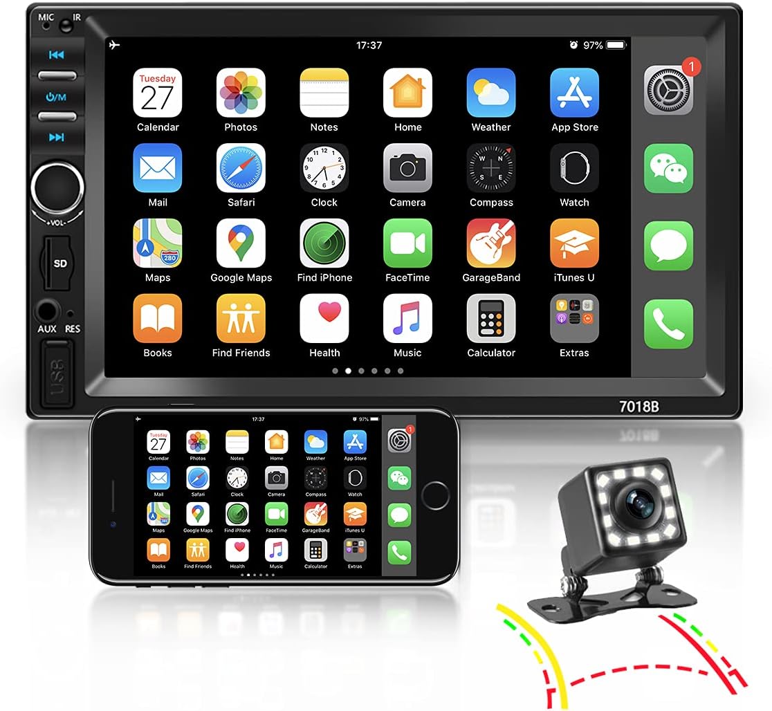 Nhopeew Double Din Car Stereo with Bluetooth and Backup Camera 7 Inch Touch Screen Car Radio Support AUX/USB/TF Card/Mirror Link/Steering Wheel Control