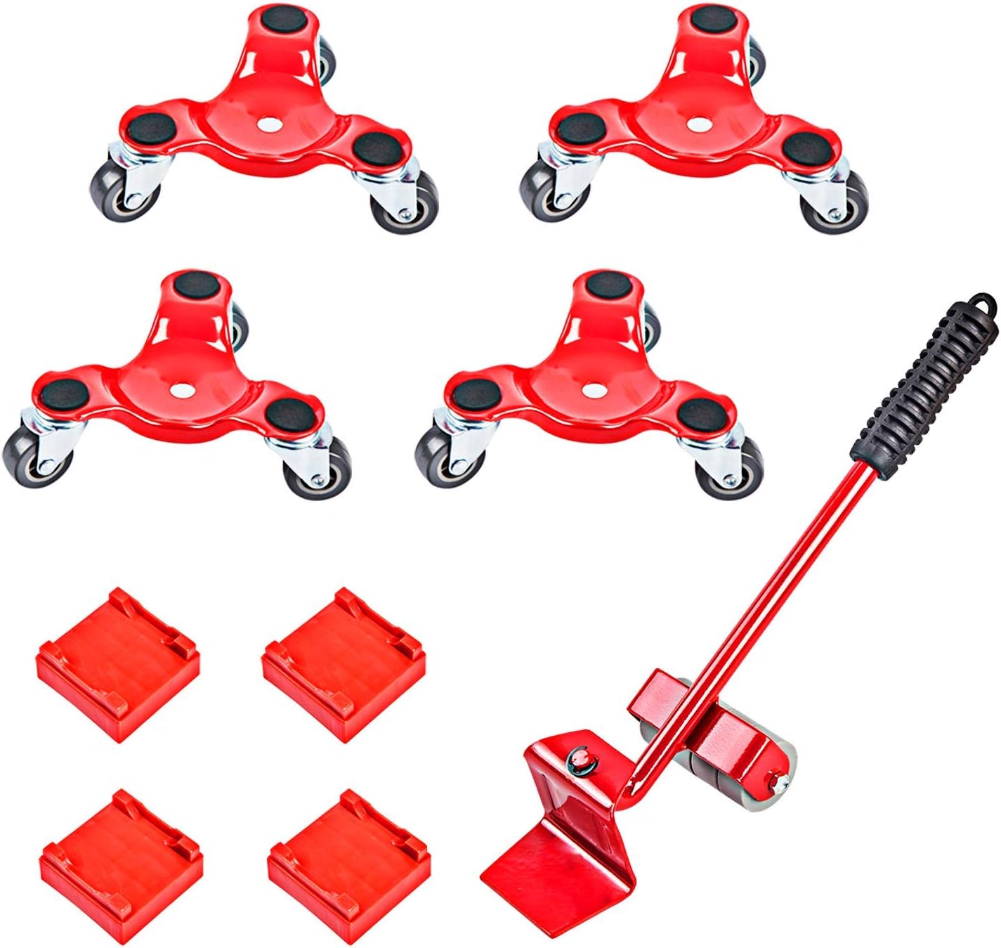 Furniture Dolly with Mover Heavy Moving Tool with Universal Wheel Portable Mover with Crowbar Three Wheel Mover Dolly for Furniture Heavy Objects 4 Packs with 1 Crowba (Red)