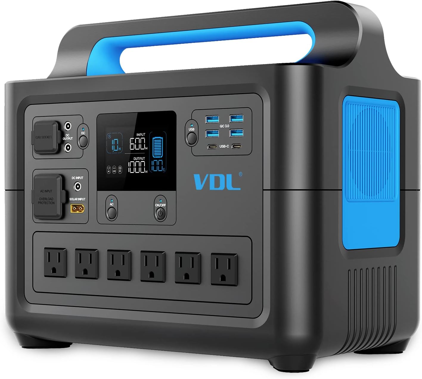 Portable Power Station 1228Wh VDL HS1000 Solar Generator, Fully Charged within 2 Hours, 6x110V/1000W AC Pure Sinewave Outlets Battery Generator for Outdoor Camping RV/Van Home Emergency CPAP