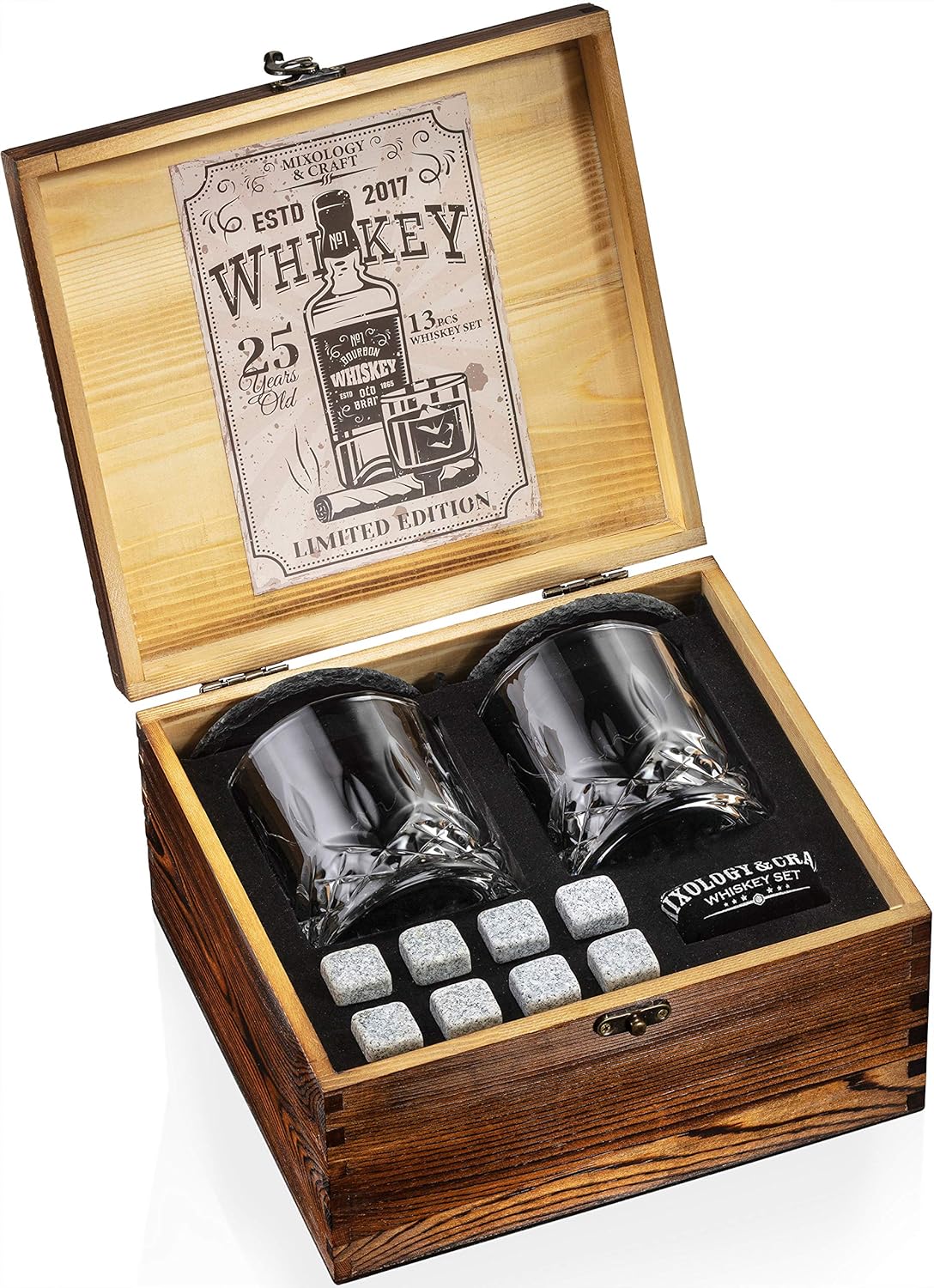 Mixology & Craft Whiskey Stones Gift Set for Men - Pack of 2, 10 oz Whiskey Glasses w/ 8 Granite Chilling Rocks, 2 Slate Coasters, Cocktail Cards in Rustic Wooden Crate Pack of 2