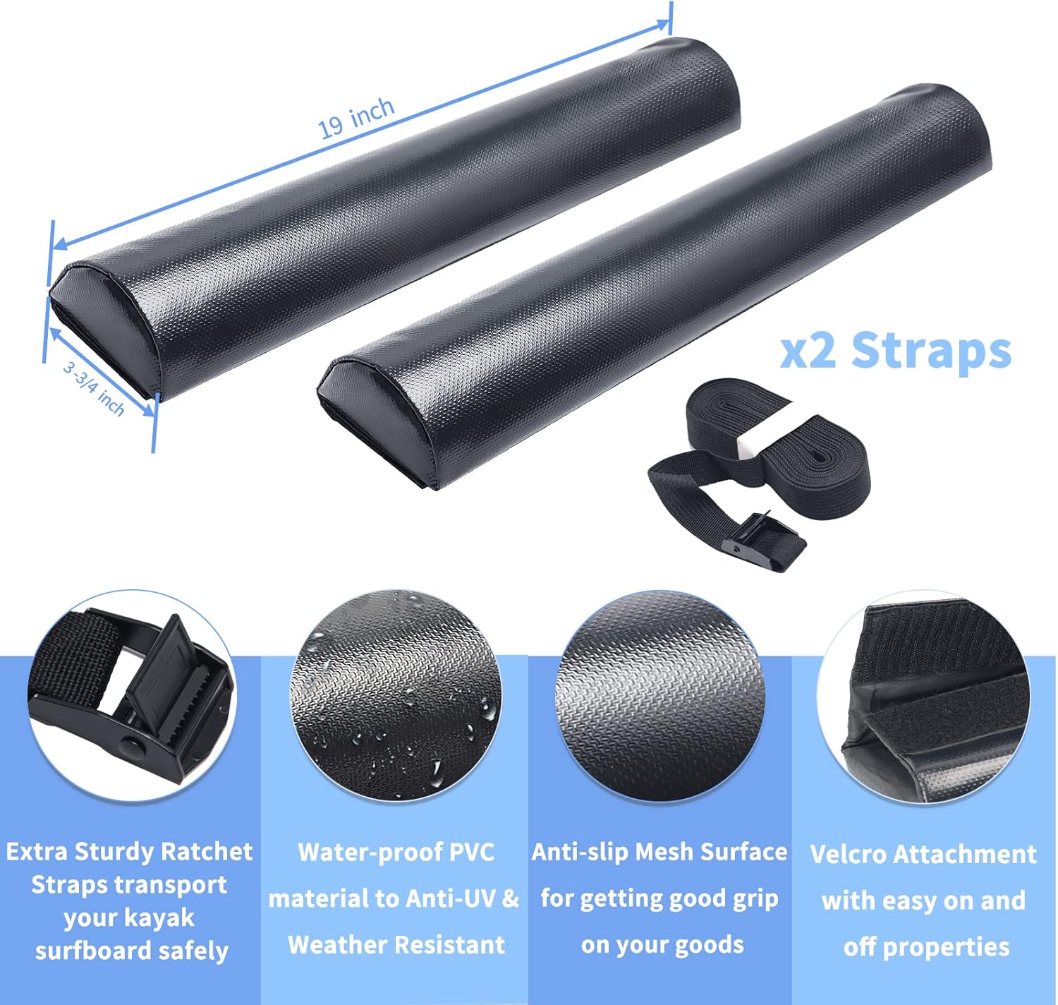 Roof Rack Pads, MONOKING 19'' Aero Crossbar Pads with Straps Surfboard Rack Pads Anti-Slip Waterproof Universal Foam Soft Roof Rack Pads for Kayak Paddle Board Pack of 2