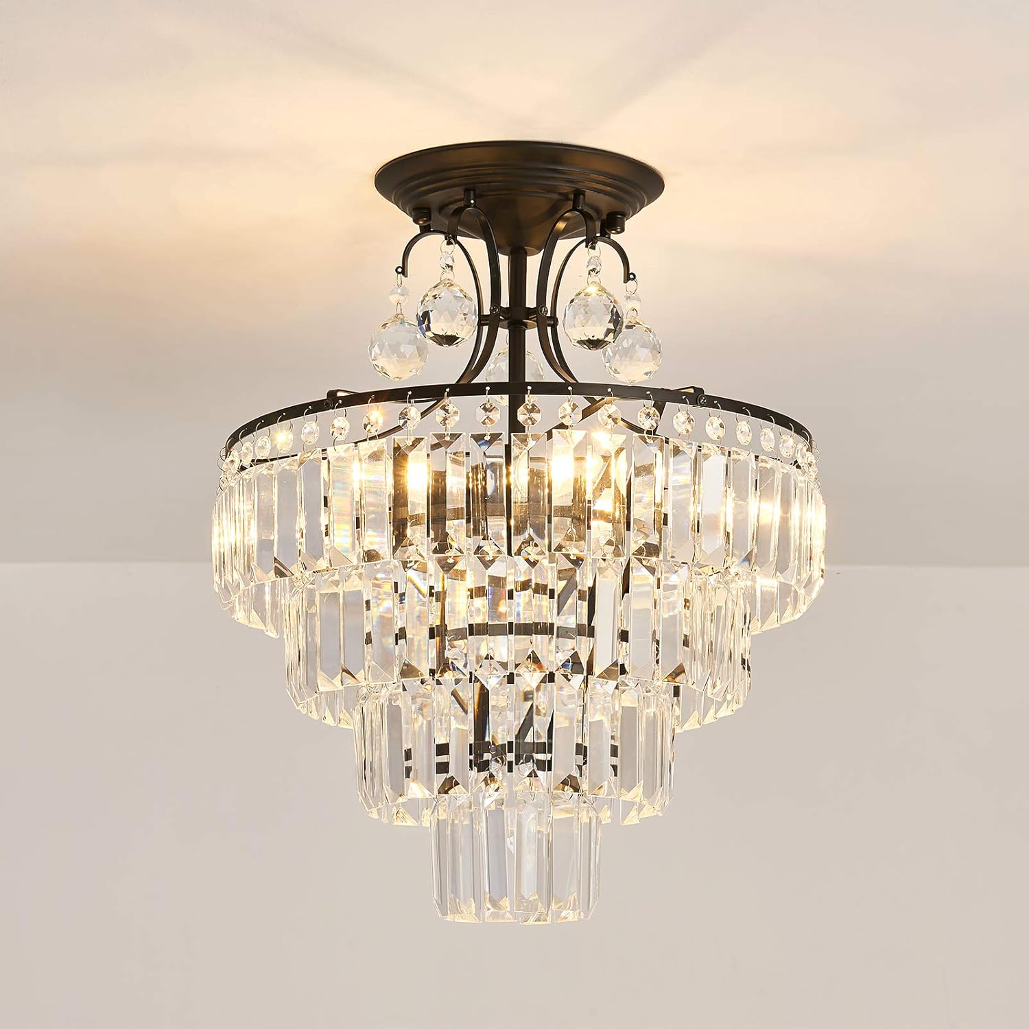 CVKASH 5 -Lights Crystal Chandelier E12，Antique Modern Black Semi Flush Mount Ceiling Lights，Lighting for Living Room Dining Room Bedroom Entryway Foyer