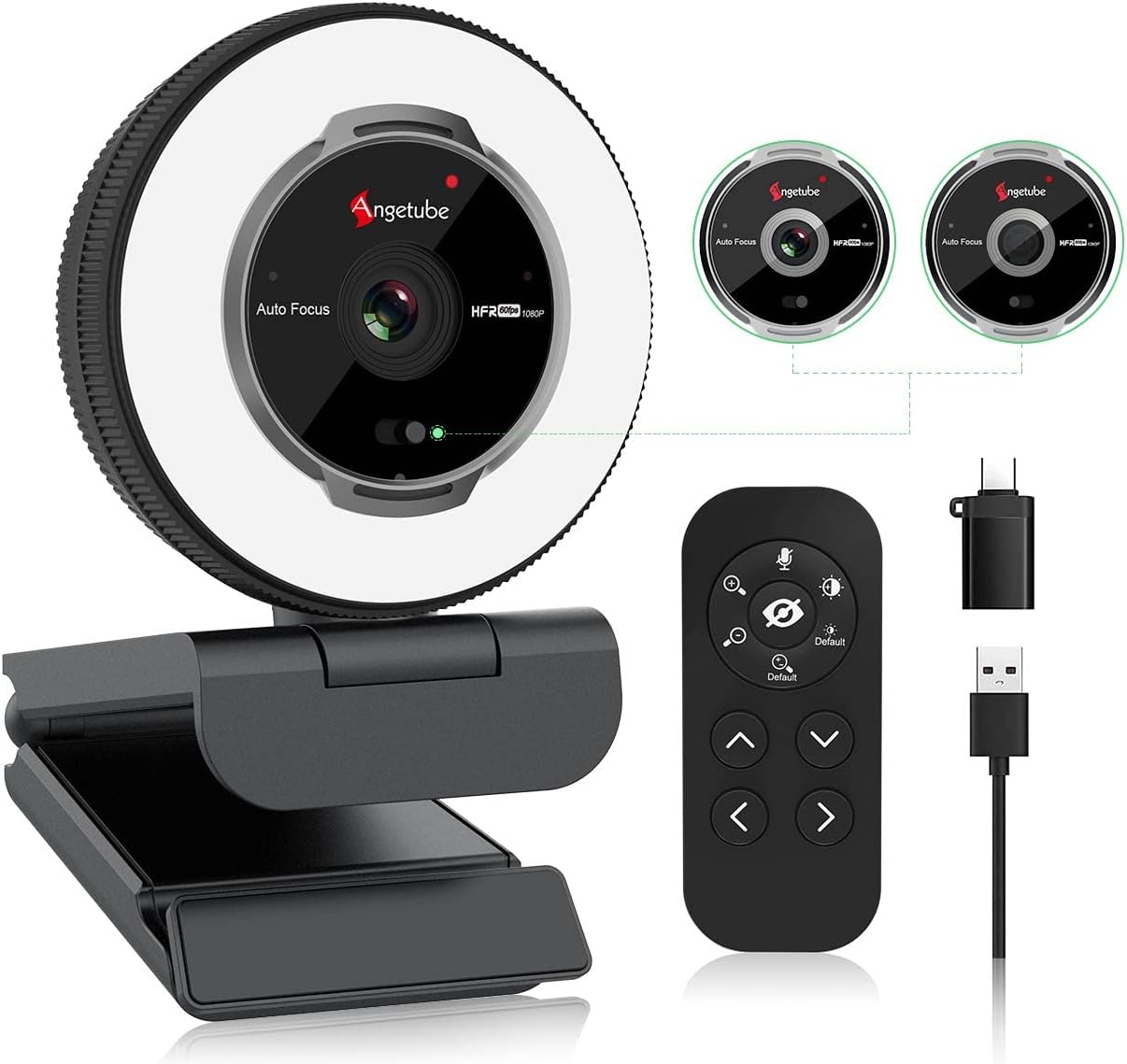 Angetube Streaming Webcam with Microphone: 1080P 60FPS USB Web Cam with Ring Light and Remote Control - HD Web Camera with 5X Digital Zoom Built in Privacy Cover,for PC|Computer|Laptop|Mac|Desktop
