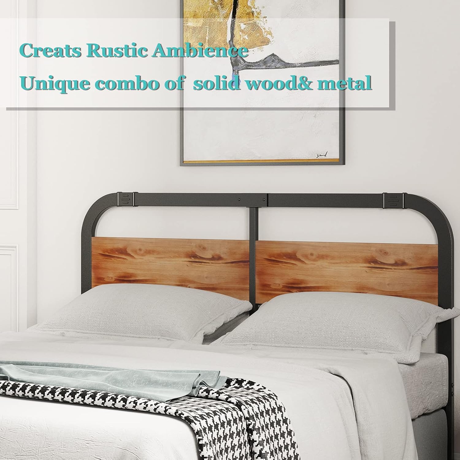 King Size Headboard, BOSRII Rustic Solid Wood and Metal Headboard, Adjustable Height, Easy Assembly, Black