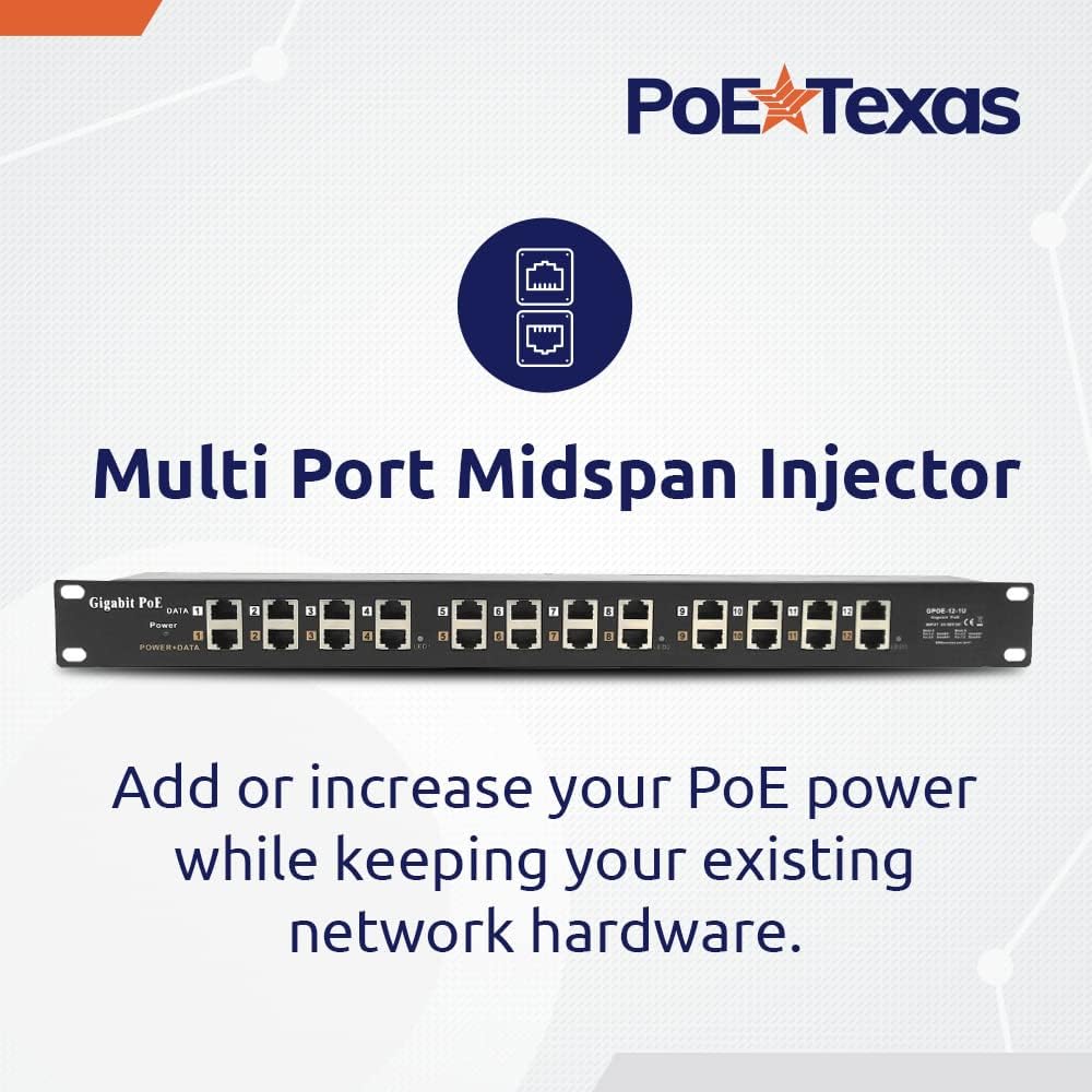 PoE Texas - PoE Injector - 12 Port Gigabit Passive Midspan Injector with 48V 120 Watt UL Power Supply - Power Over Ethernet for 802.3af or at (PoE+) Devices VoIP Phone, WiFi Access Point, IP Camera
